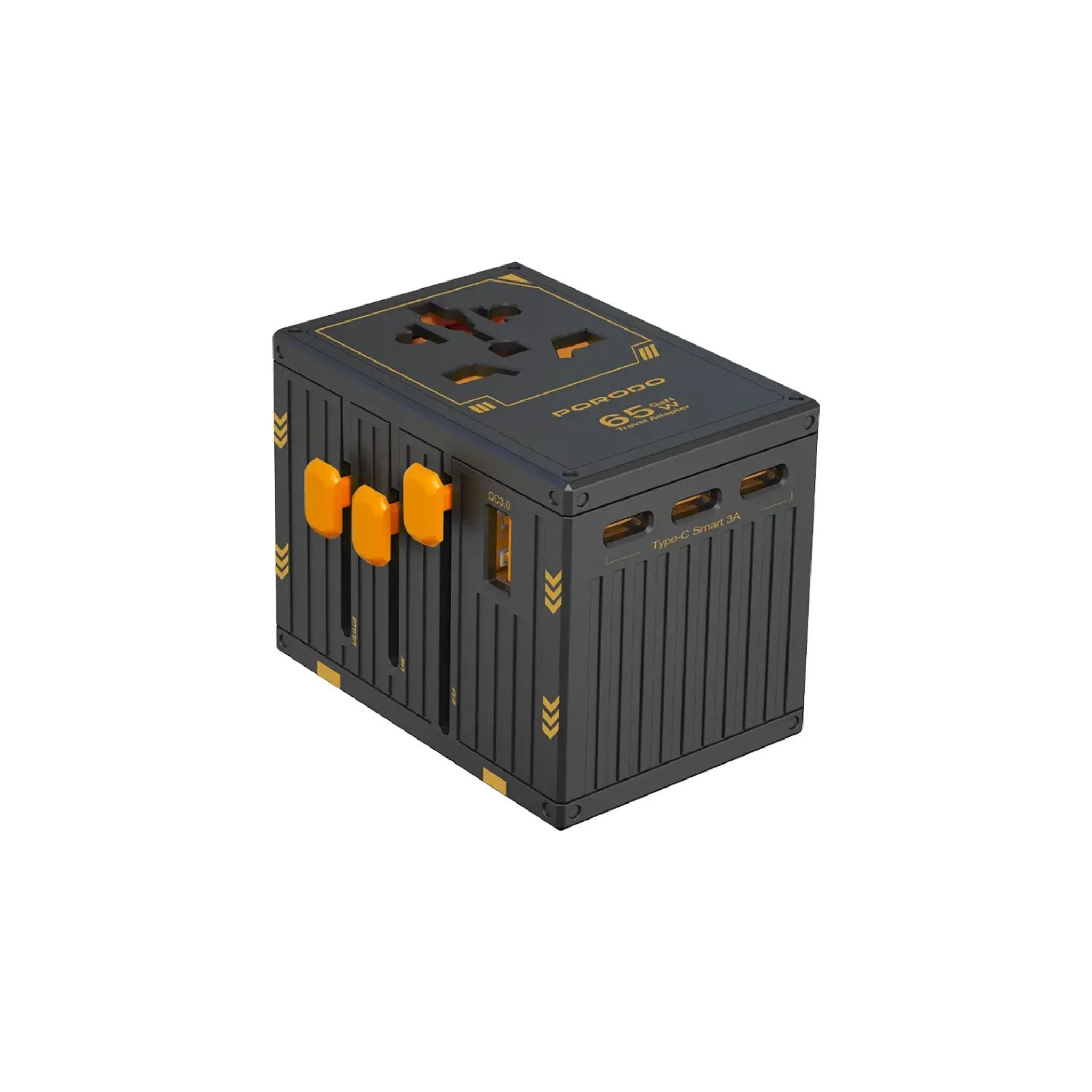 A black Porodo GaN technology universal travel charger with dual fuse, featuring multiple USB-C and USB-A ports, and supports various plug types including UK, EU, US, and AU.