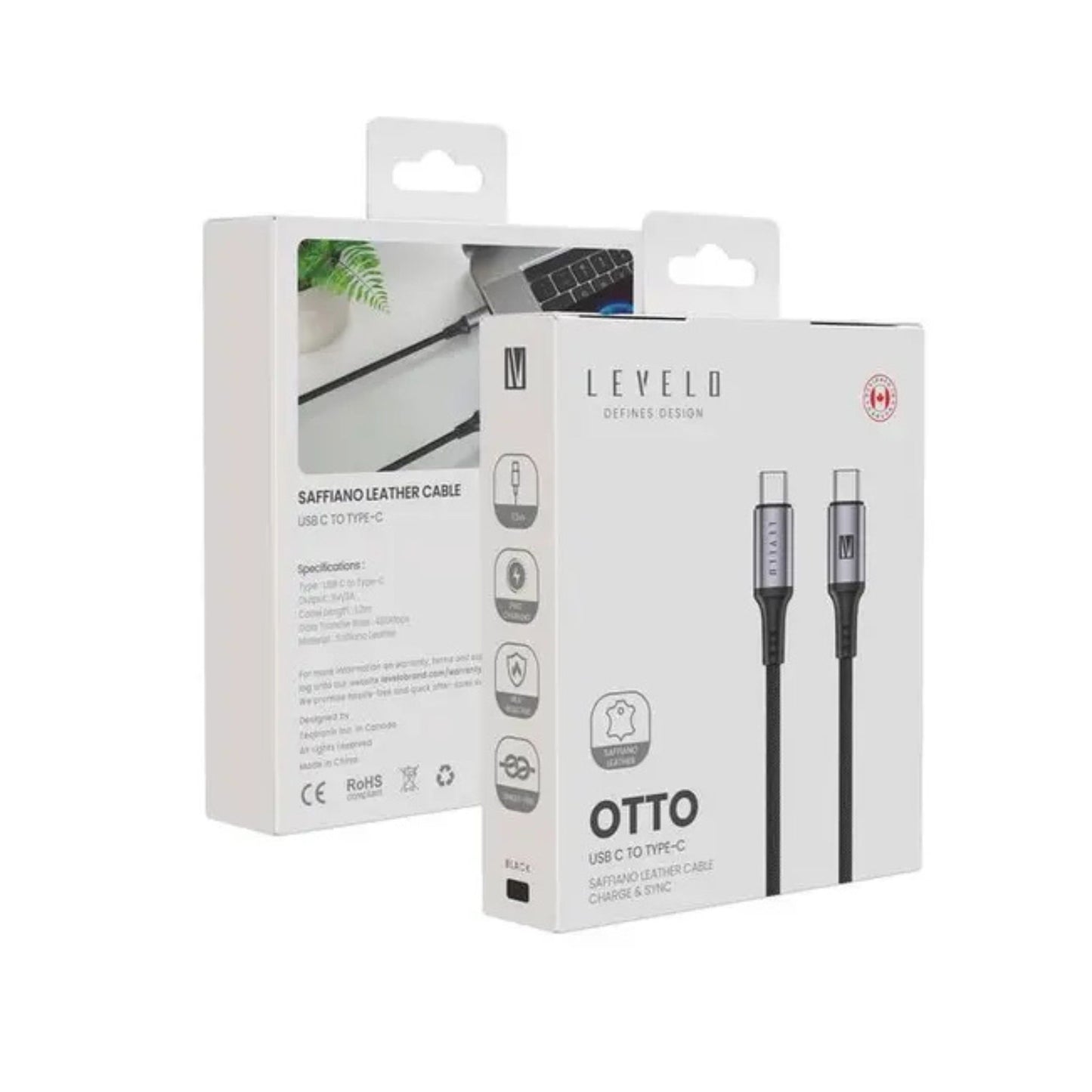Levelo Otto USB-C to Type-C 60W Leather Cable, Tangle-Free, Fast Charging, Heat Resistant, 1.2m Cable Length - Black