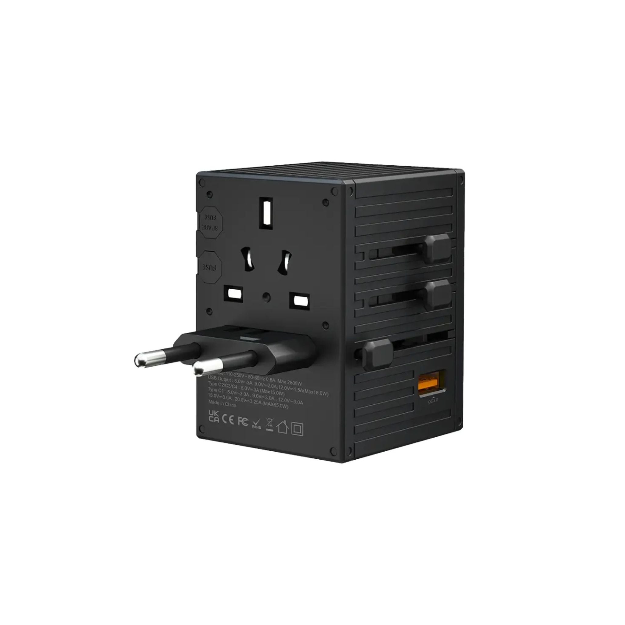 Porodo Travel Universal Charger, Dual Fuse, PD 65W, 4 USB-C & 1 USB-A Ports, UK, EU, US & AU Supported Plugs, GaN Technology - Black