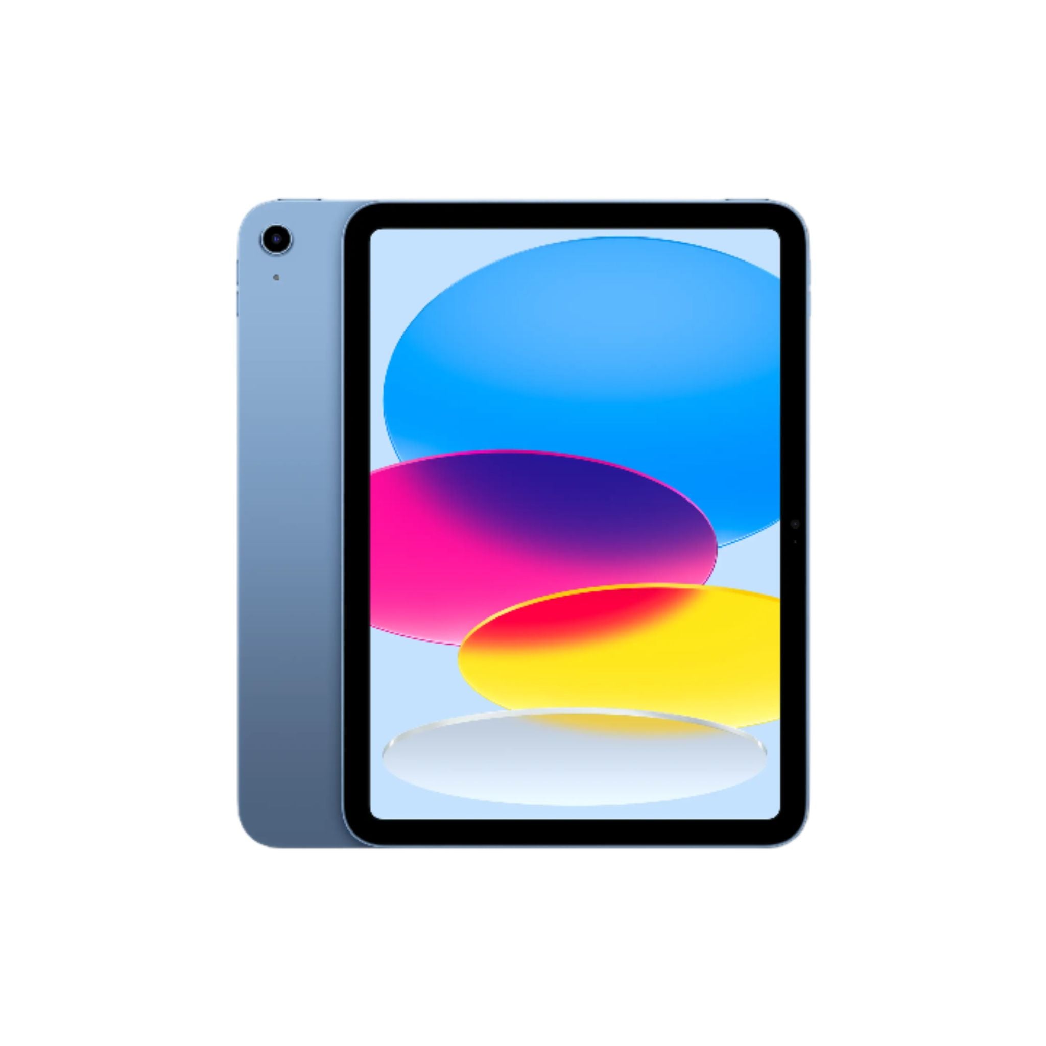 An Apple iPad with a blue back and a 11-inch Liquid Retina display, showcasing a colorful screen wallpaper.