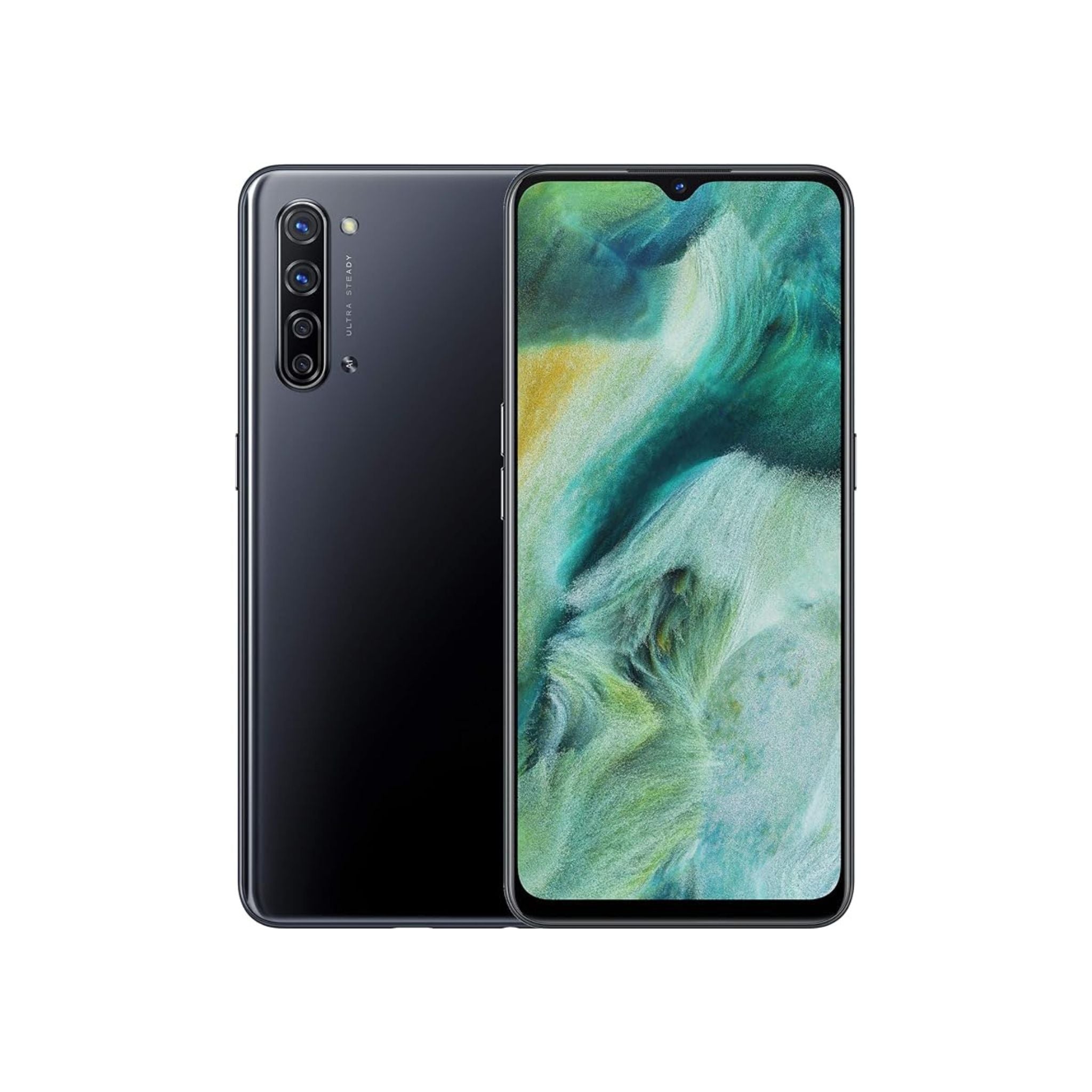 Oppo Find X2 Lite smartphone in Moonlight Black color, displaying its front screen and rear camera setup.