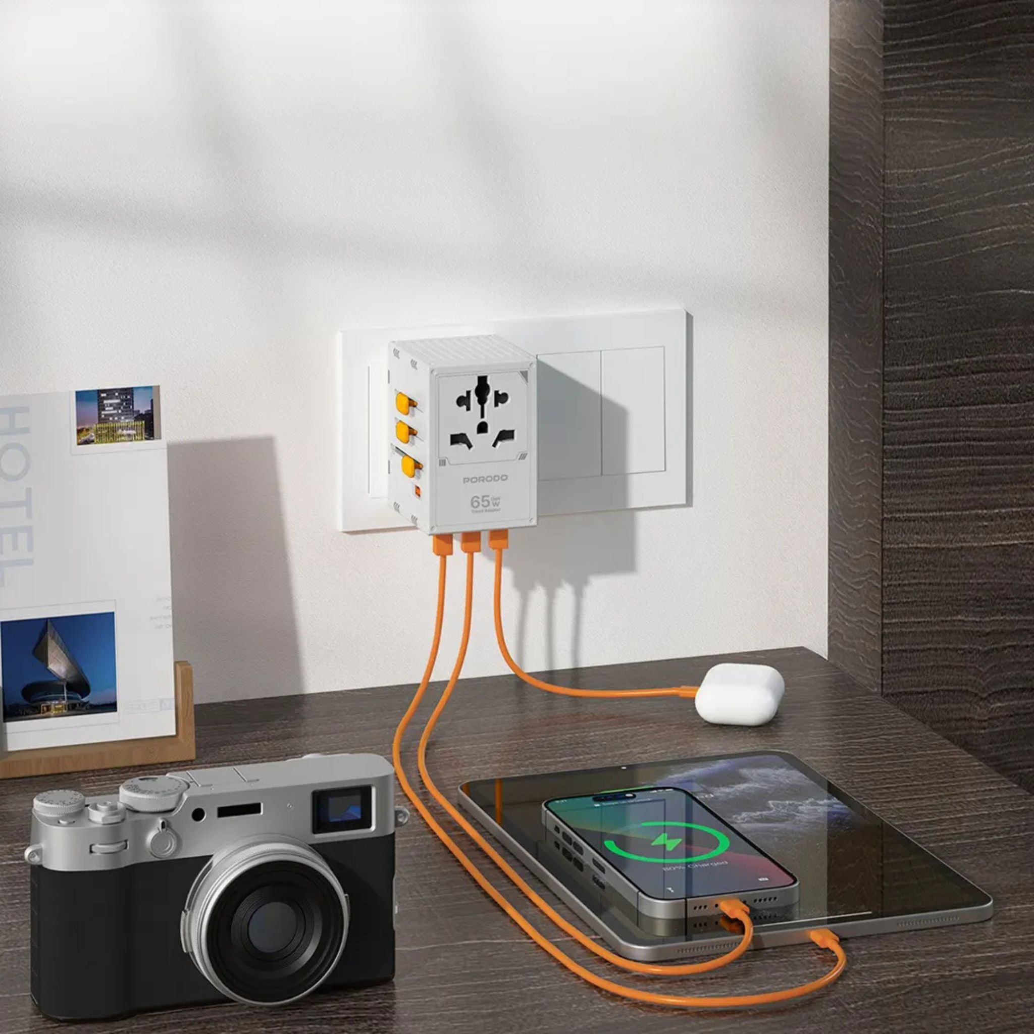 Porodo Travel Universal Charger, Dual Fuse, PD 65W, 4 USB-C & 1 USB-A Ports, UK, EU, US & AU Supported Plugs, GaN Technology - White