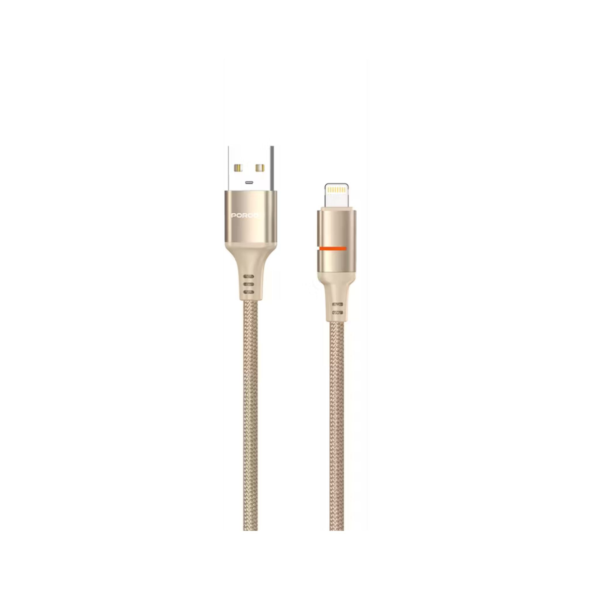 Gold USB cable with one end for charging and one for data transfer on a white background