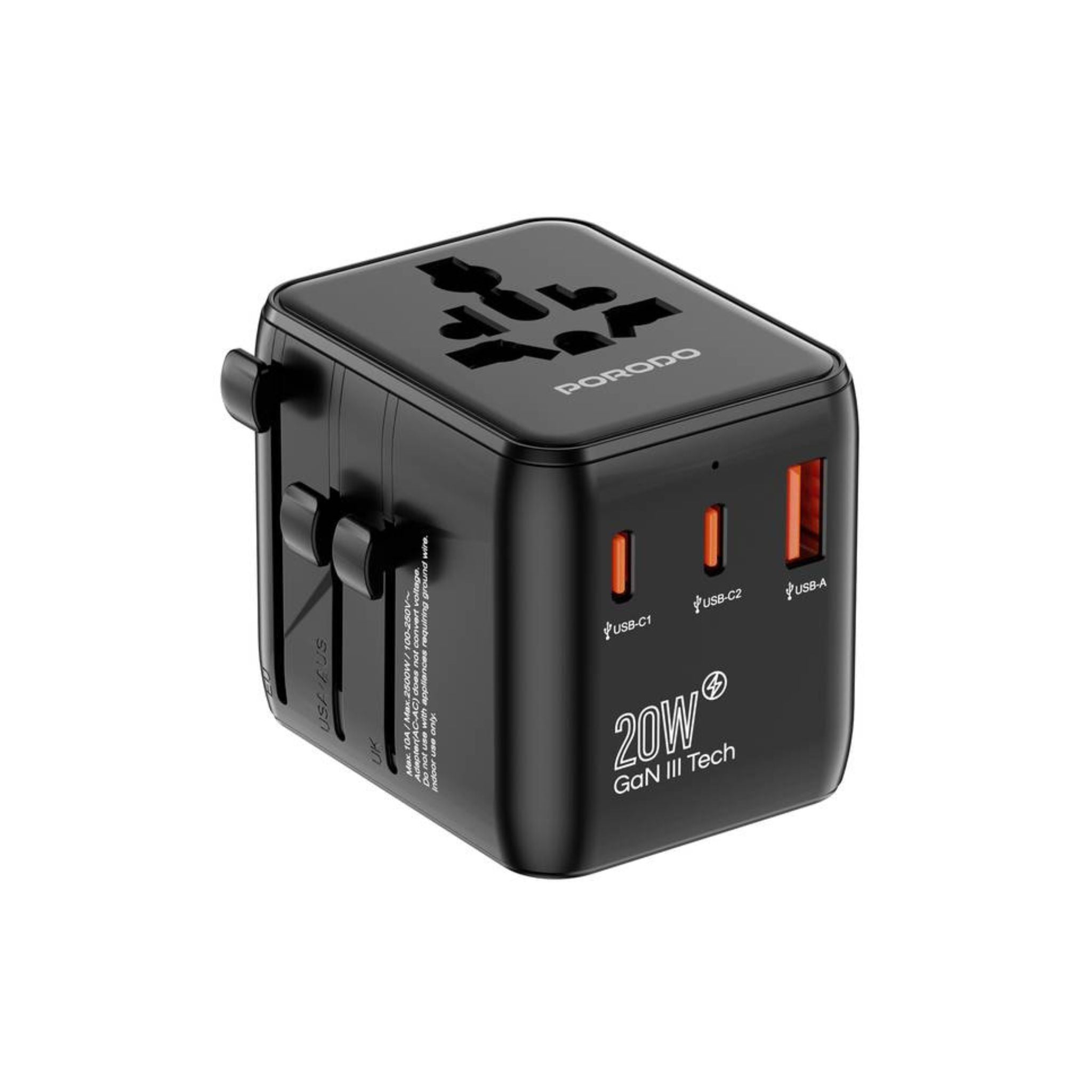 A black Porodo Universal Travel GaN Quick Charger with multiple plug adapters, featuring 2 USB-C and 1 USB-A ports.
