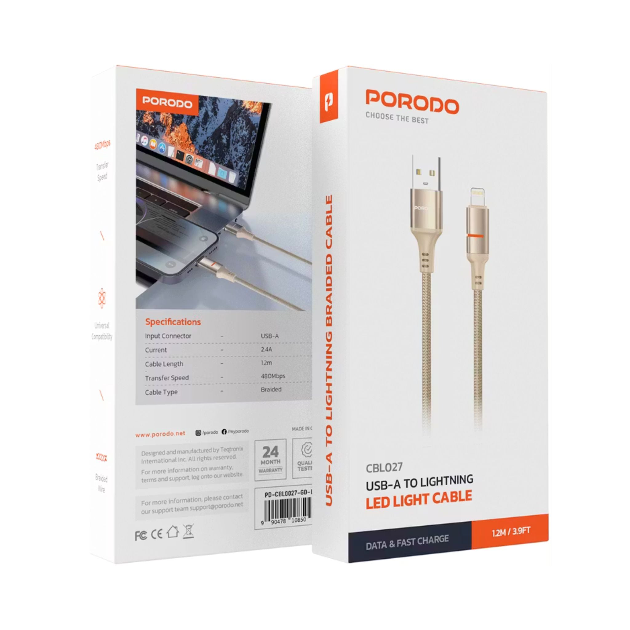 Porodo USB-A to Lightning LED Light Cable with 2.4A Current, 480Mbps Transfer Speed, 1.2m Cable Length, Fast Charging & Data Transfer, Braided Wire - Gold