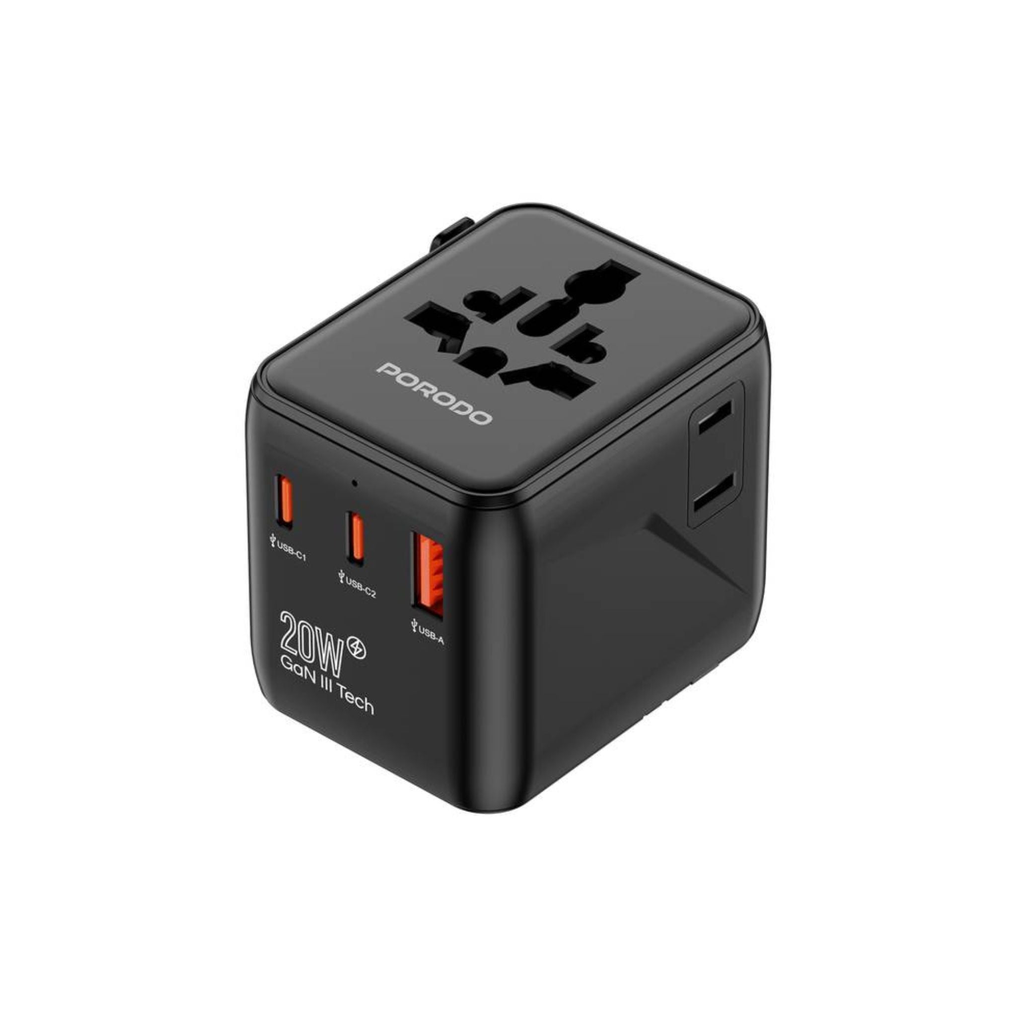 Porodo Universal Travel GaN Quick Charger, 2 USB-C & 1 USB-A Ports, UK/ EU/ US & AU Plug Supported, Universal Compatibility, Simultaneous Charging - Black
