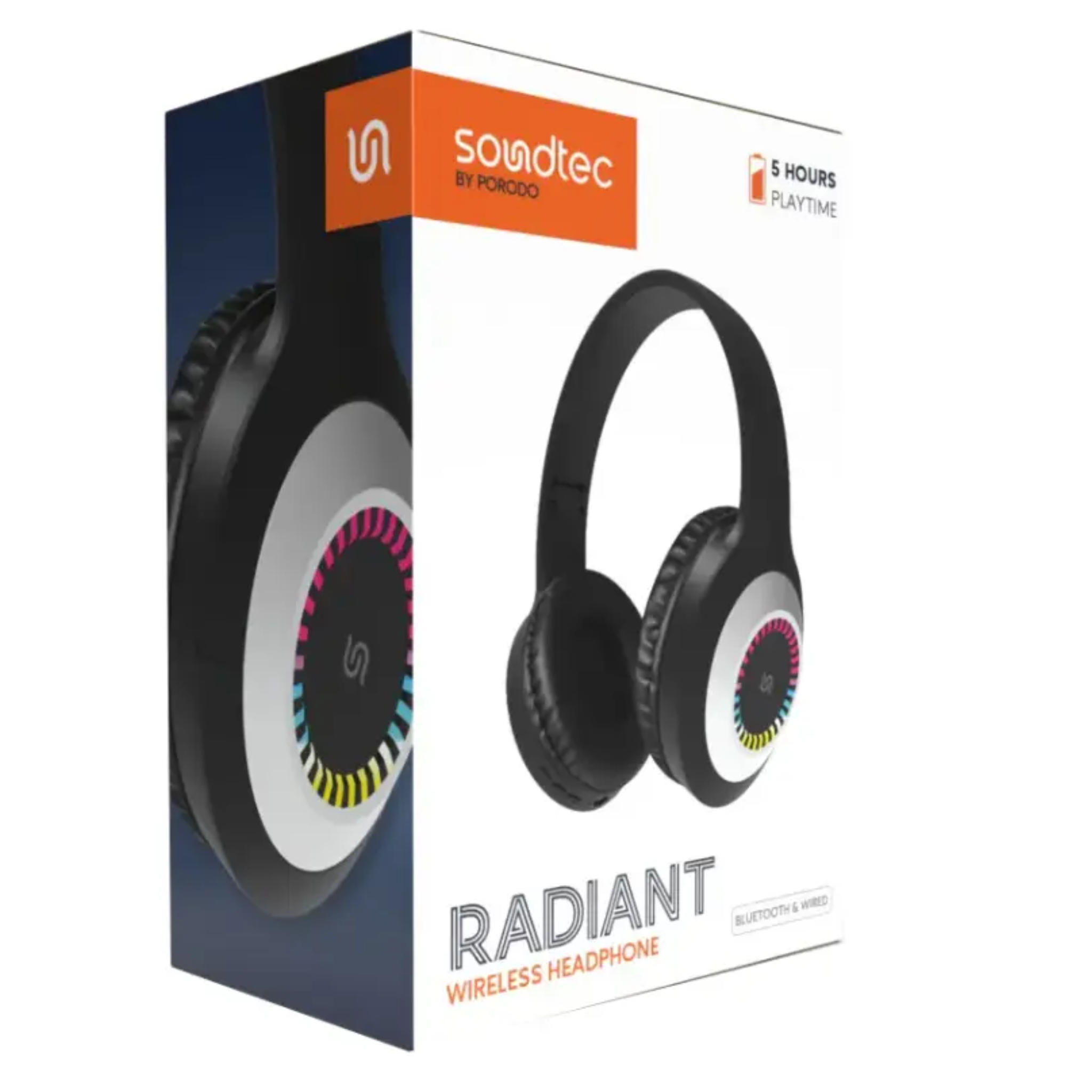 Porodo Soundtec Radiant Wireless Headphones with 6 Hours Playtime, Type-C Charging, Convenient Controls, 3.5mm Jack, LED Light, 120 Hours Standby Time, Android and iOS Compatibility - Black
