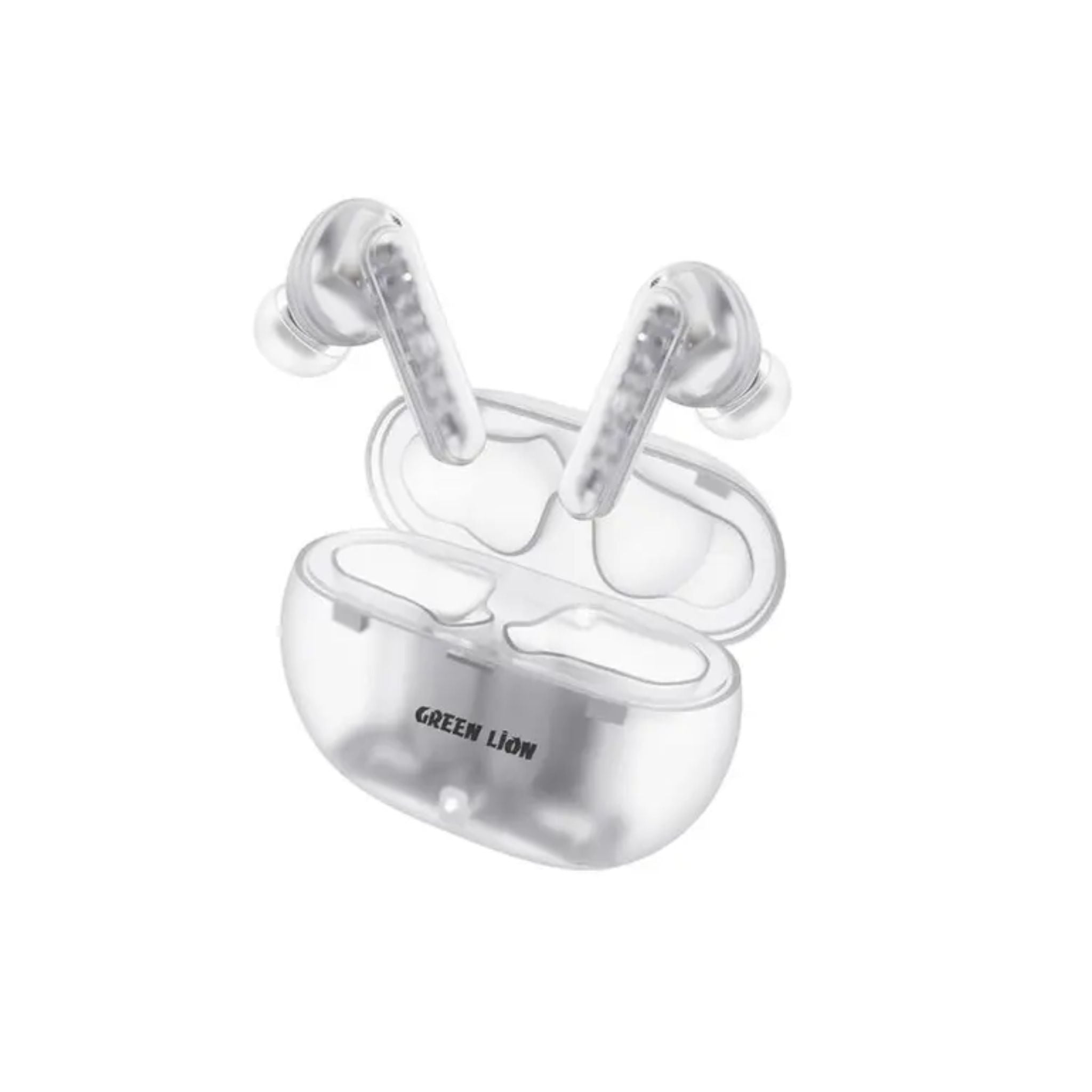 The image shows a pair of transparent, in-ear wireless earbuds with the Green Lion brand logo on the outer surface.