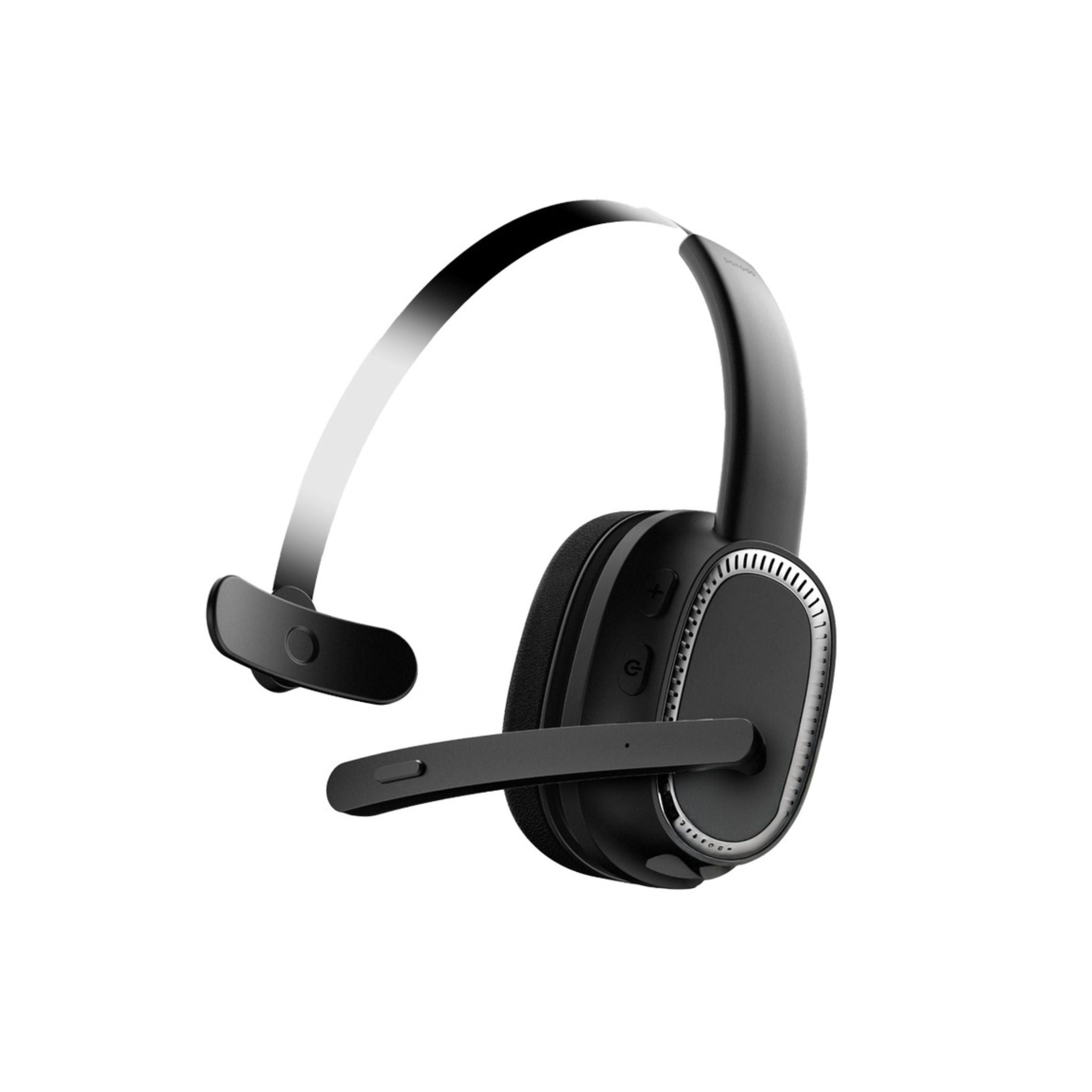 A single black Porodo mono headphone with a microphone and noise cancelling features, showing an adjustable headband and a mute button.