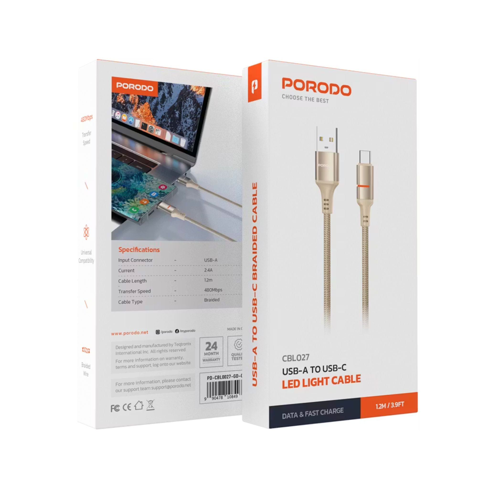 Porodo USB-A to USB-C LED Light Cable with 2.4A Current, 480Mbps Transfer Speed, 1.2m Cable Length, Fast Charging & Data Transfer, Braided Wire - Gold