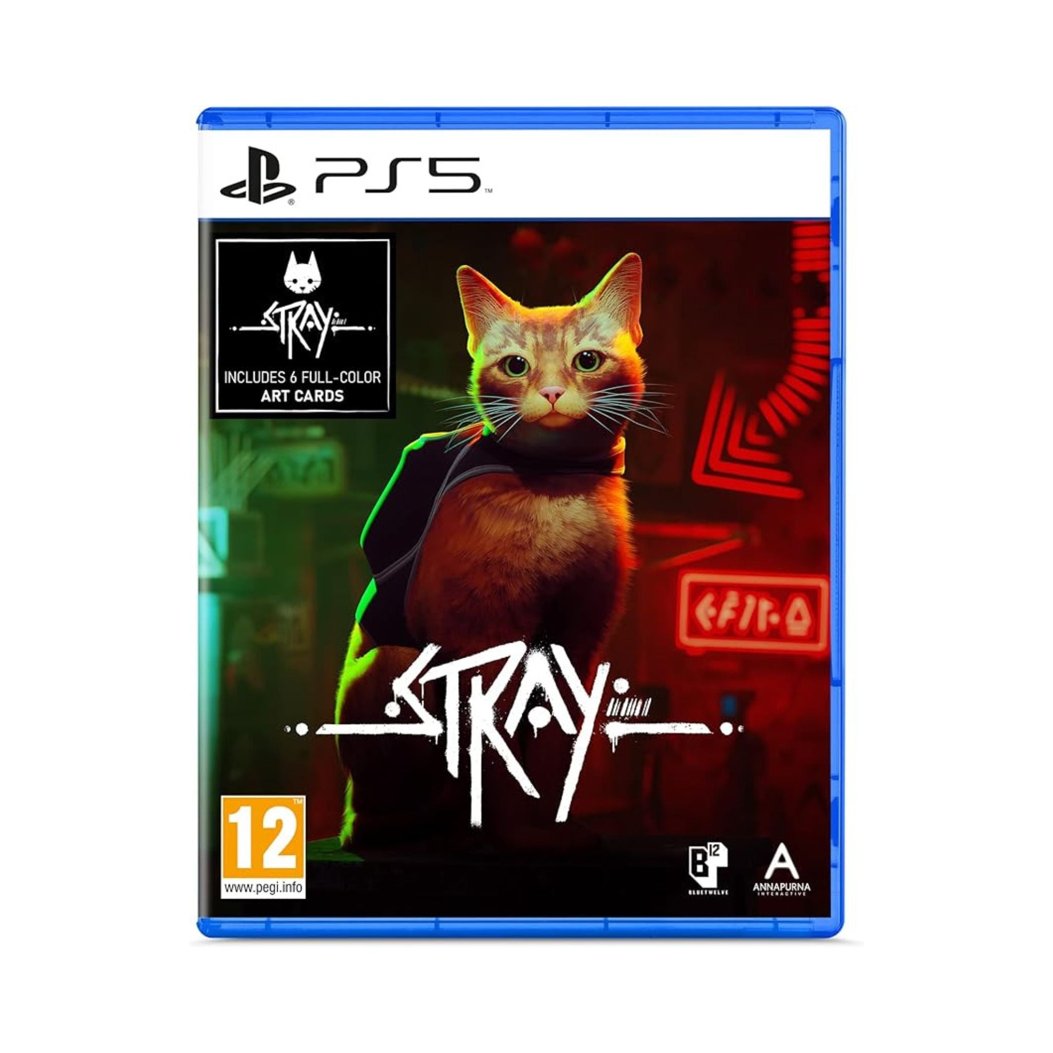 PS5 game case for 'Stray' with a cat illustration on a white background