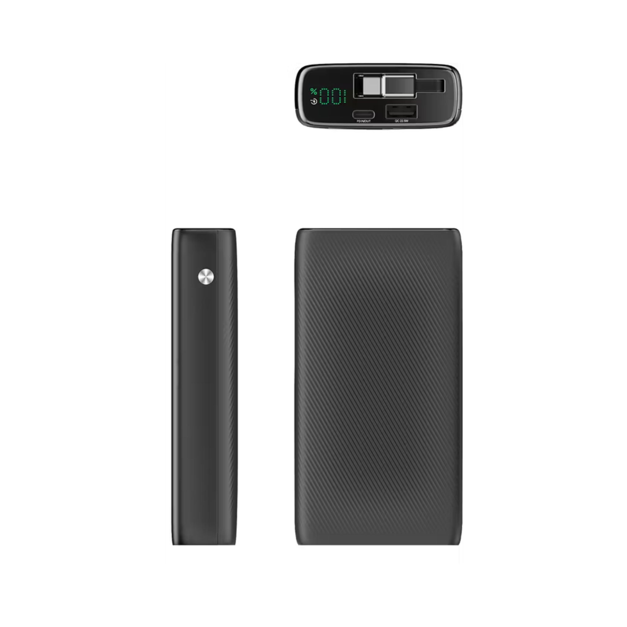 Powerology 20000mAh Retractable Cable Power Bank, 35W Max Power, 70cm Retractable Type-C Input/Output Cable, 3-Device Charging, USB-C Output & Input, 22.5W USB-A Output, 5V/3A Total 15W Two or More Outputs - Black