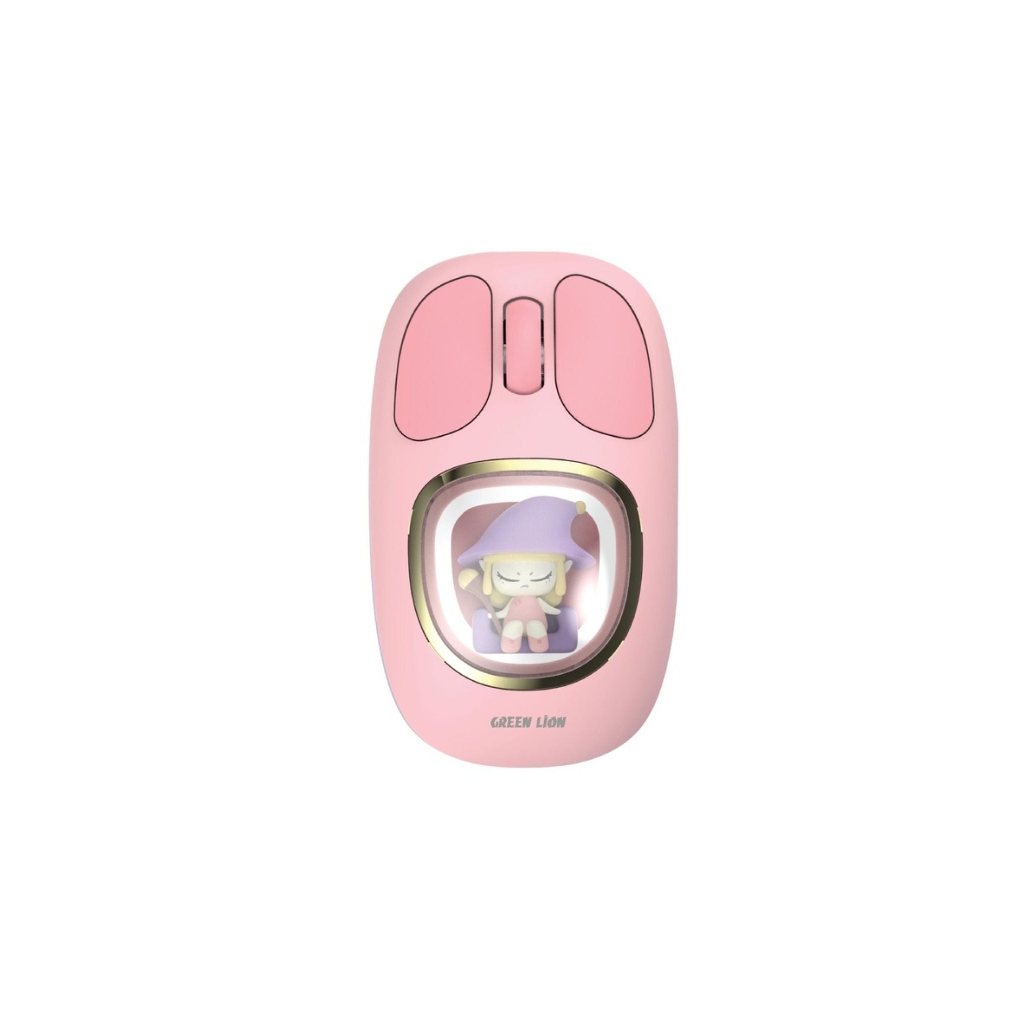 A pink wireless mouse with a visible character design on the scroll wheel.