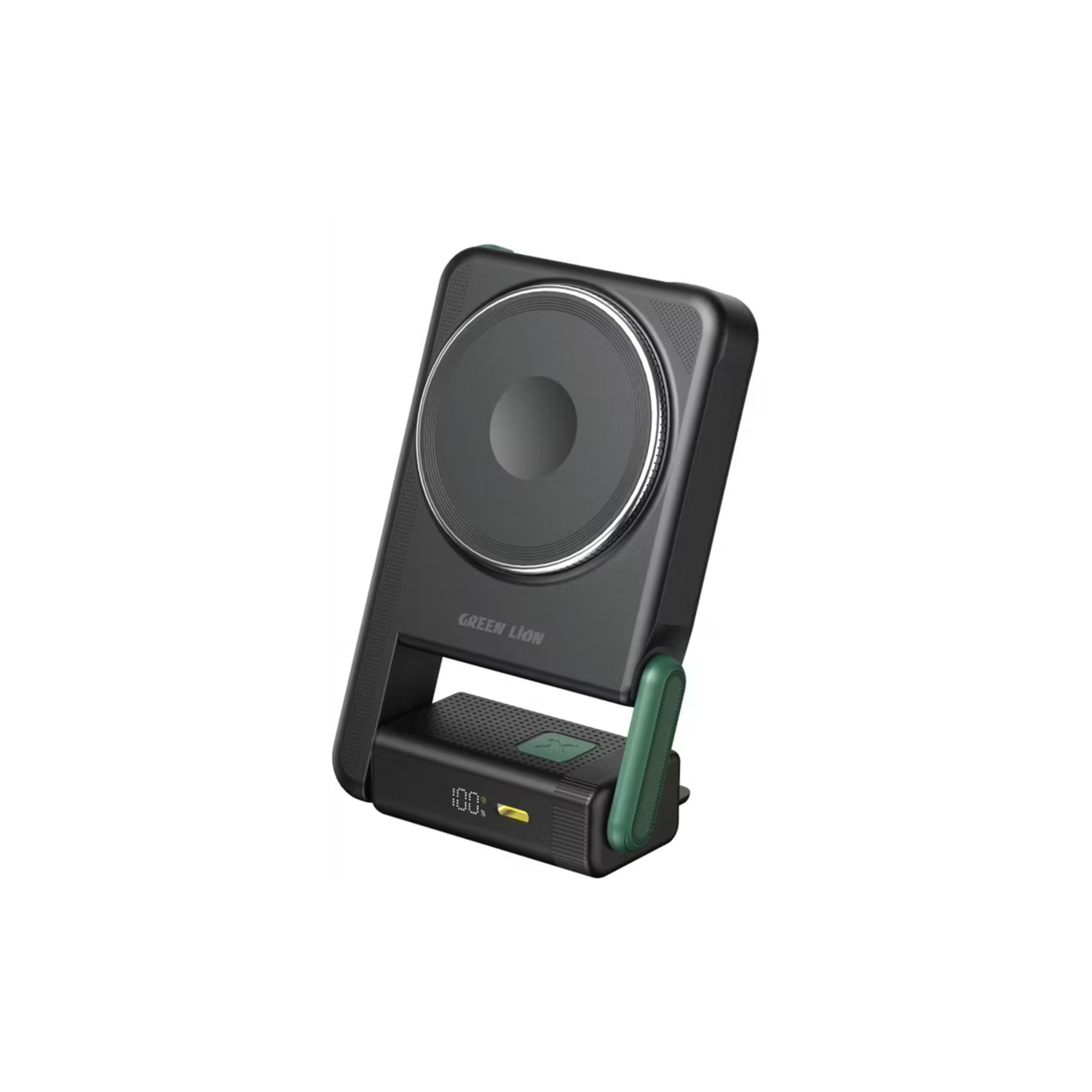 Black electronic device with a circular component on a white background