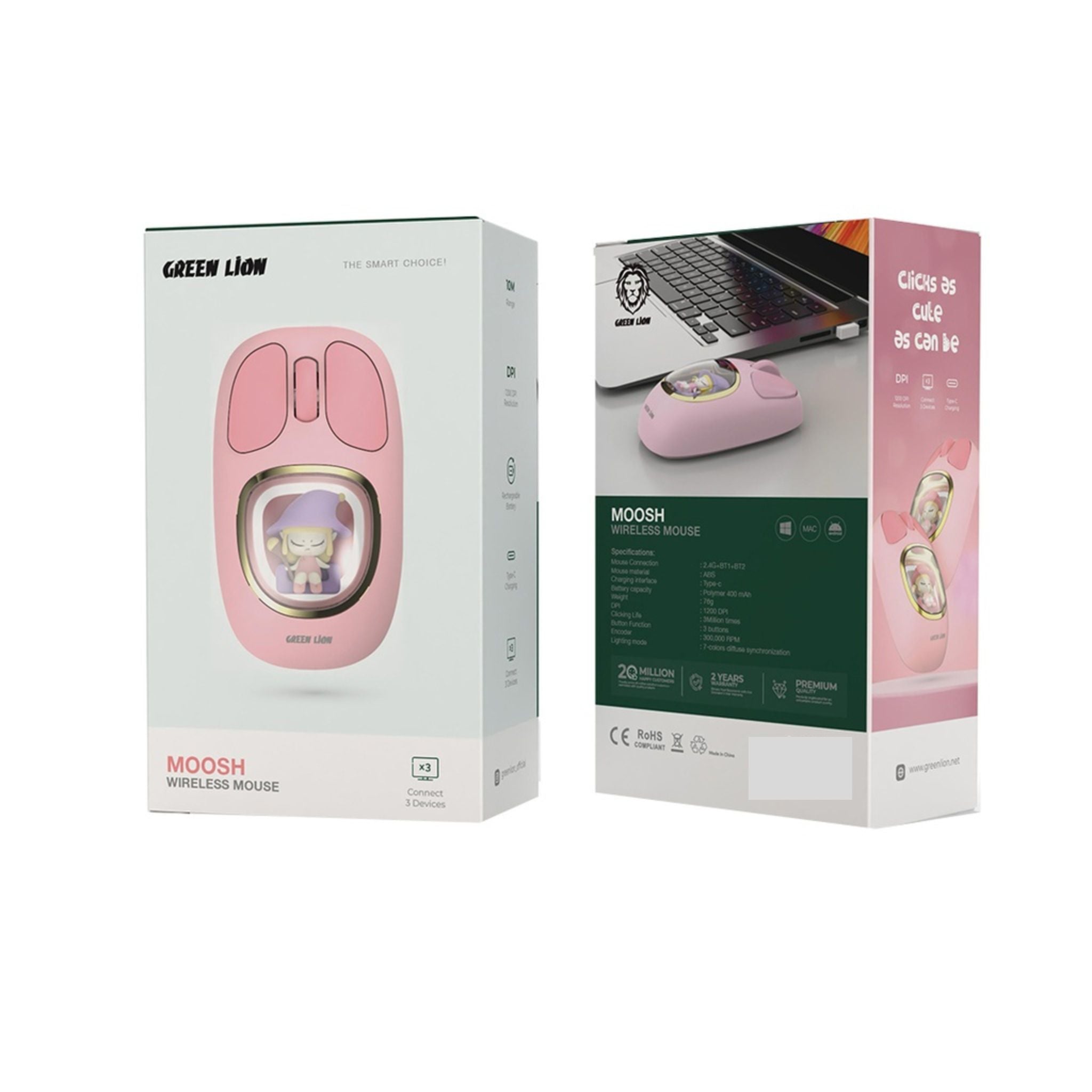 Green Lion Moosh Wireless Mouse with 7-Color Diffuse Lighting, Up to 3 Million Clicks, 3-Button Function, 400mAh Battery, 1200 DPI, Connects Up to 3 Devices, USB-C Charging Interface - Pink