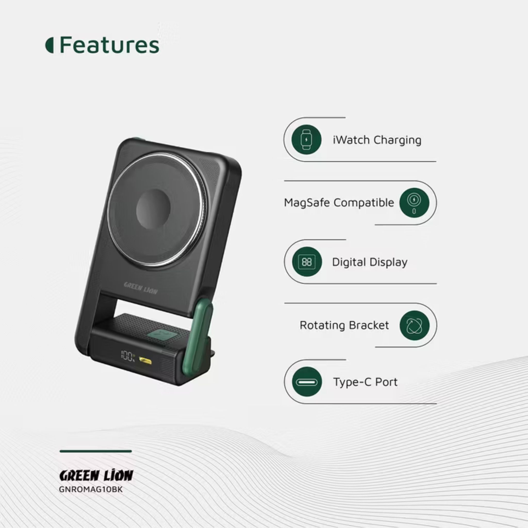 Green Lion Rotex MagSafe 10000mAh Power Bank, iWatch Charging, Rotating Bracket, Wireless Charging, Digital Display, Compact & Lightweight, PD 22.5W - Black