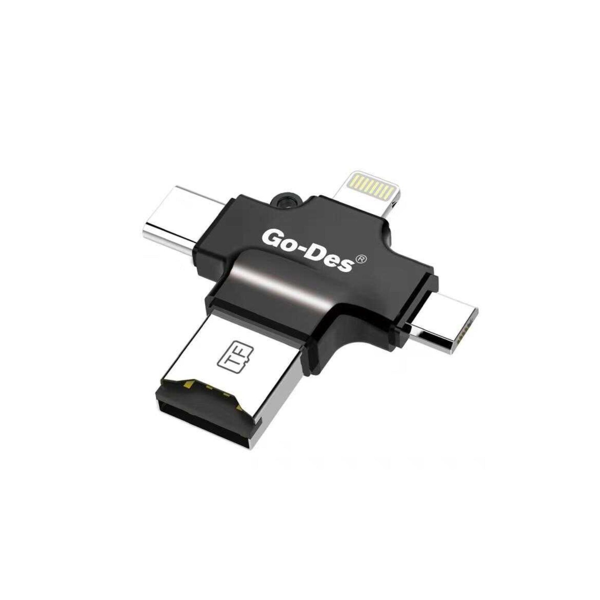 Multi-device USB adapter with 'Go-Des' branding on a white background