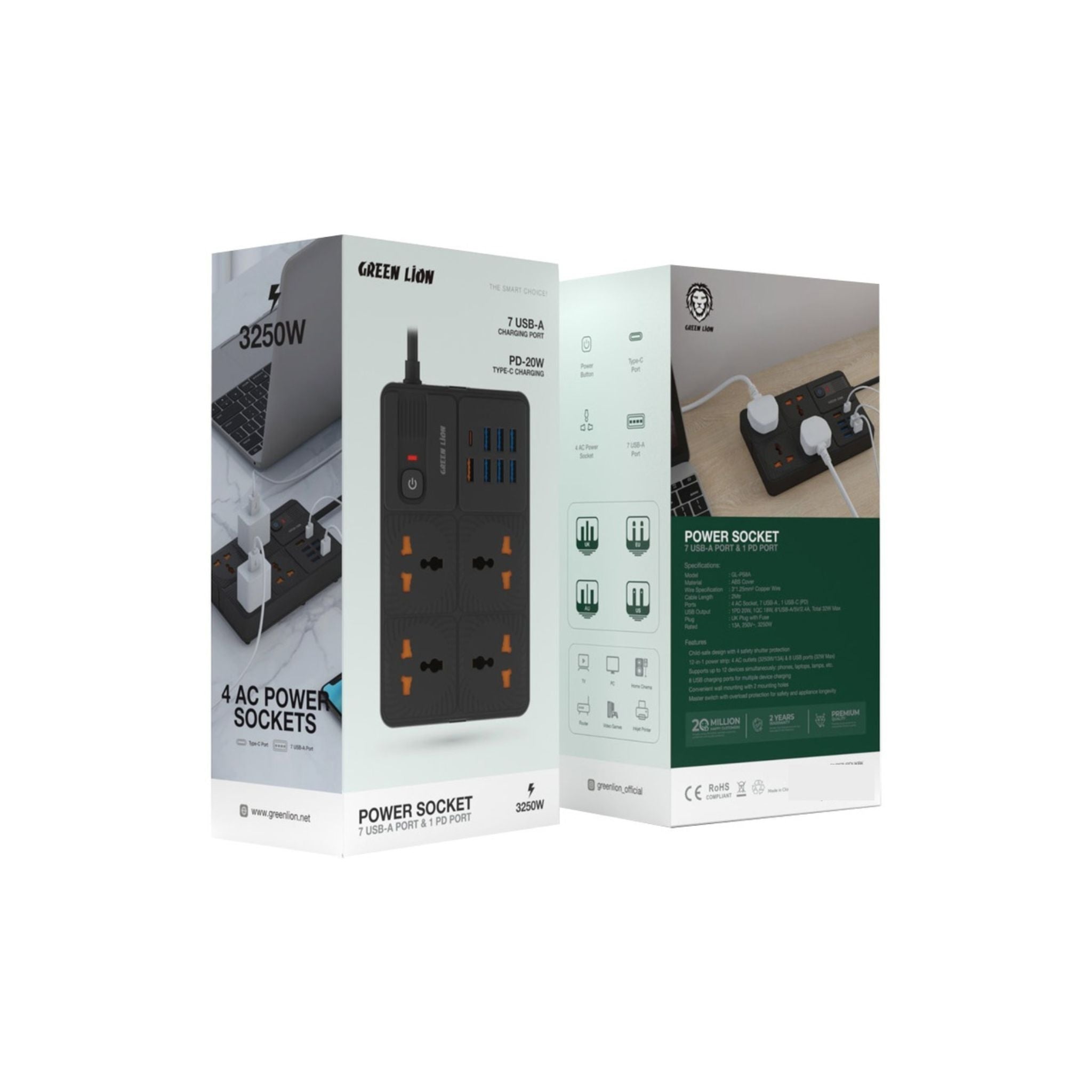 Green Lion Power Socket 7 USB-A Port & 1 PD 20W Port, 4 AC Socket UK AU US EU, Safety Shutter, Portable Compatible with TV PC Gaming Console Laptop Printer Router - Black