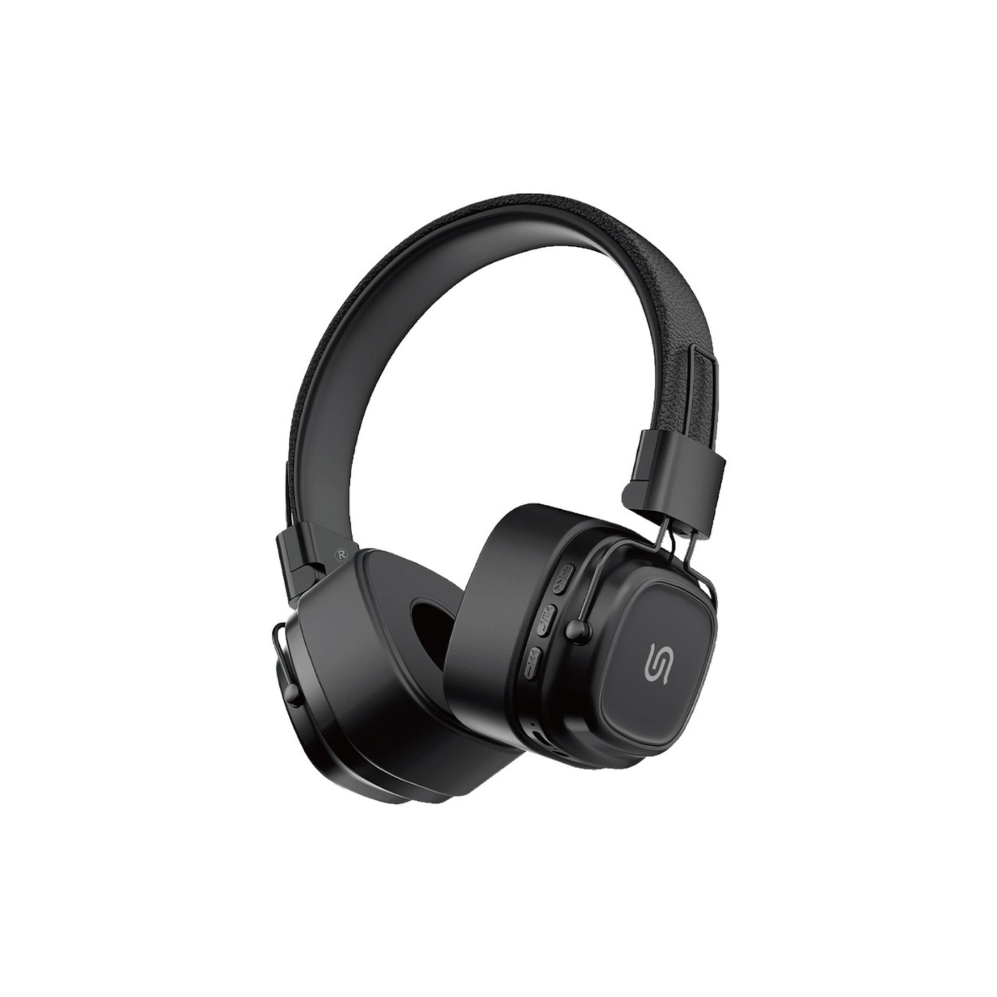 A pair of black Porodo Soundtec Vintage Wireless ENC Headphones with a micro SD slot, designed for gym, running, and work use.