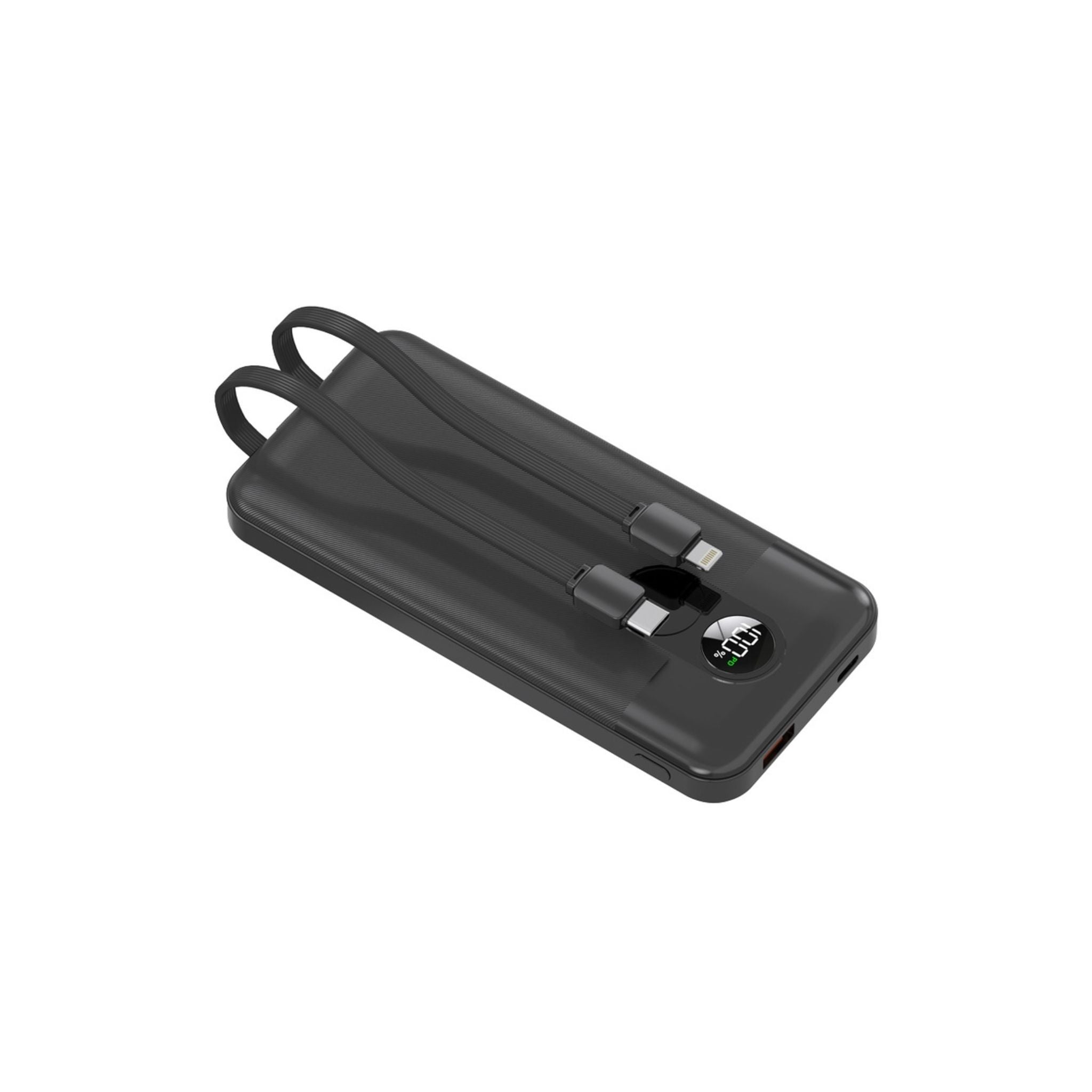 A black Porodo 10000mAh power bank with a digital display, featuring multiple Type-C and USB A ports.