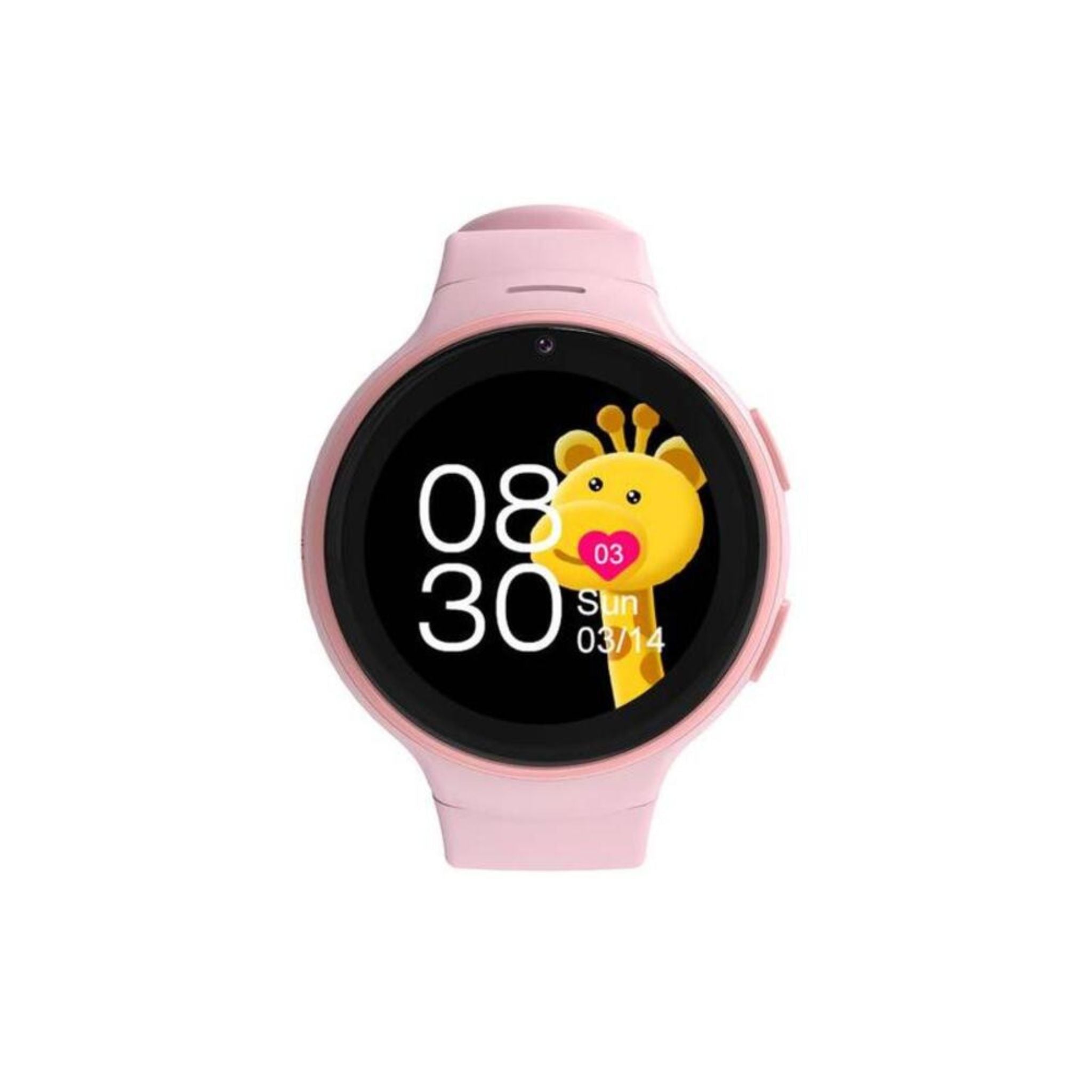 A pink Porodo 4G Kids GPS Smart Watch with a clear display showing time and a cartoon character.