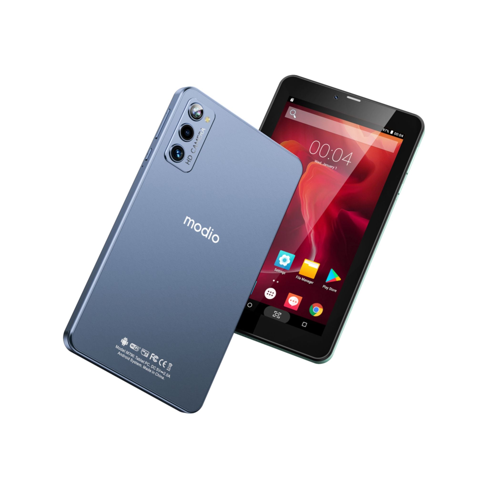 A blue Modio M791 7-inch tablet PC with its screen displaying the time and date, placed in front of its back which also serves as a camera.