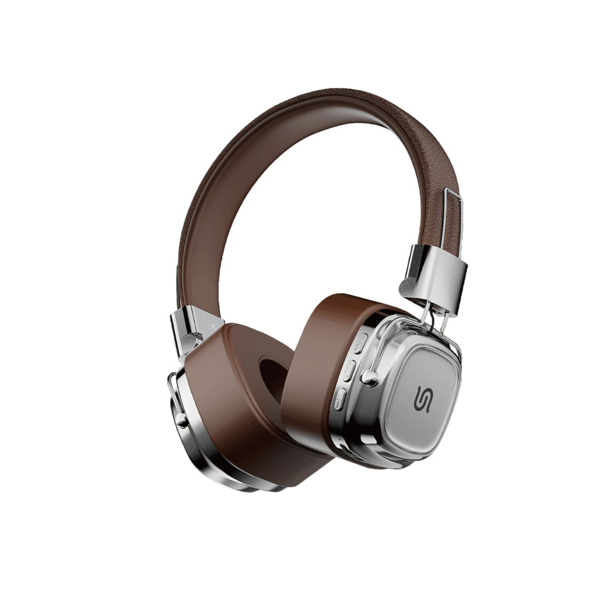 A pair of Porodo Soundtec Vintage Wireless ENC Headphones in brown and silver colors with a micro SD slot.
