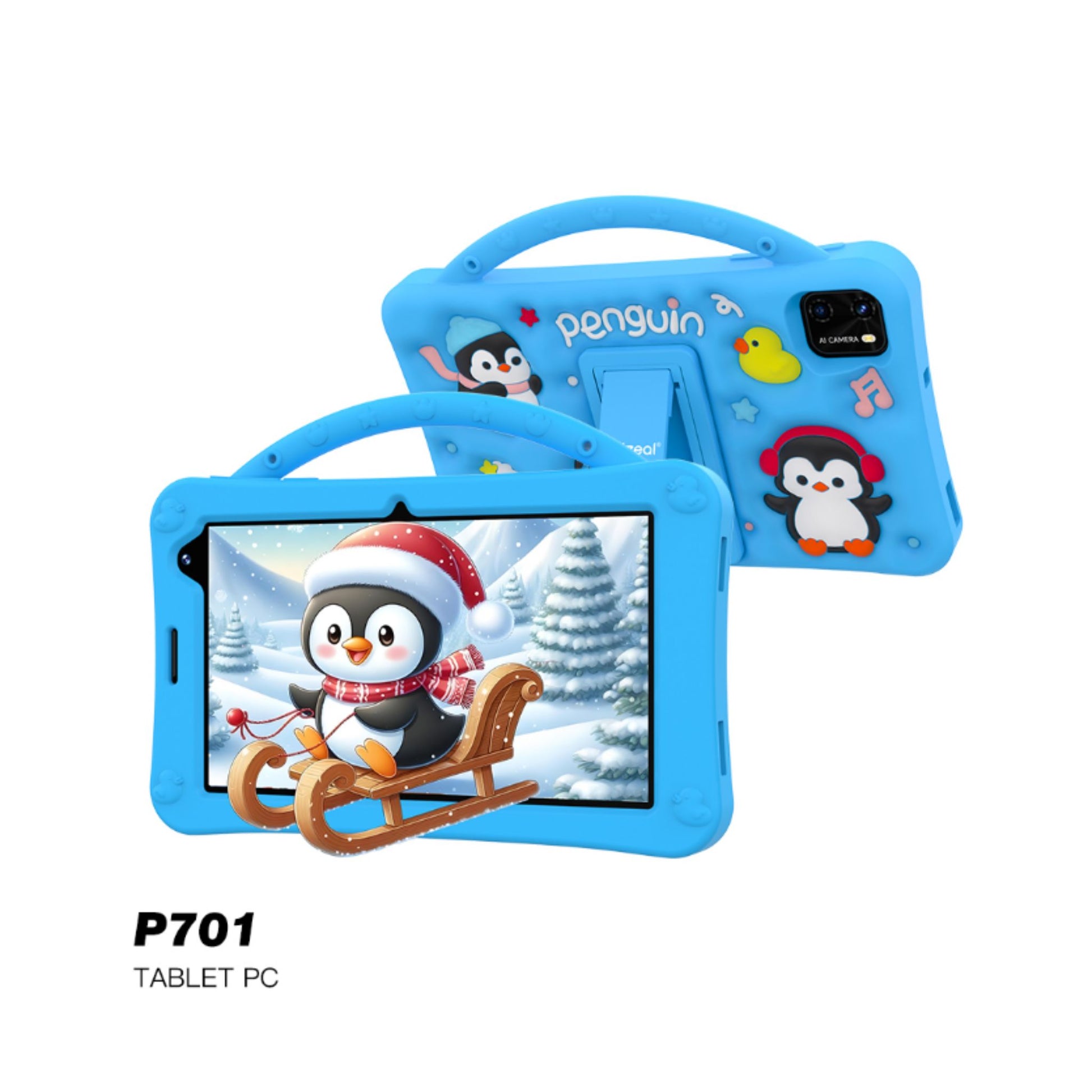 Children's tablet with penguin design on a white background