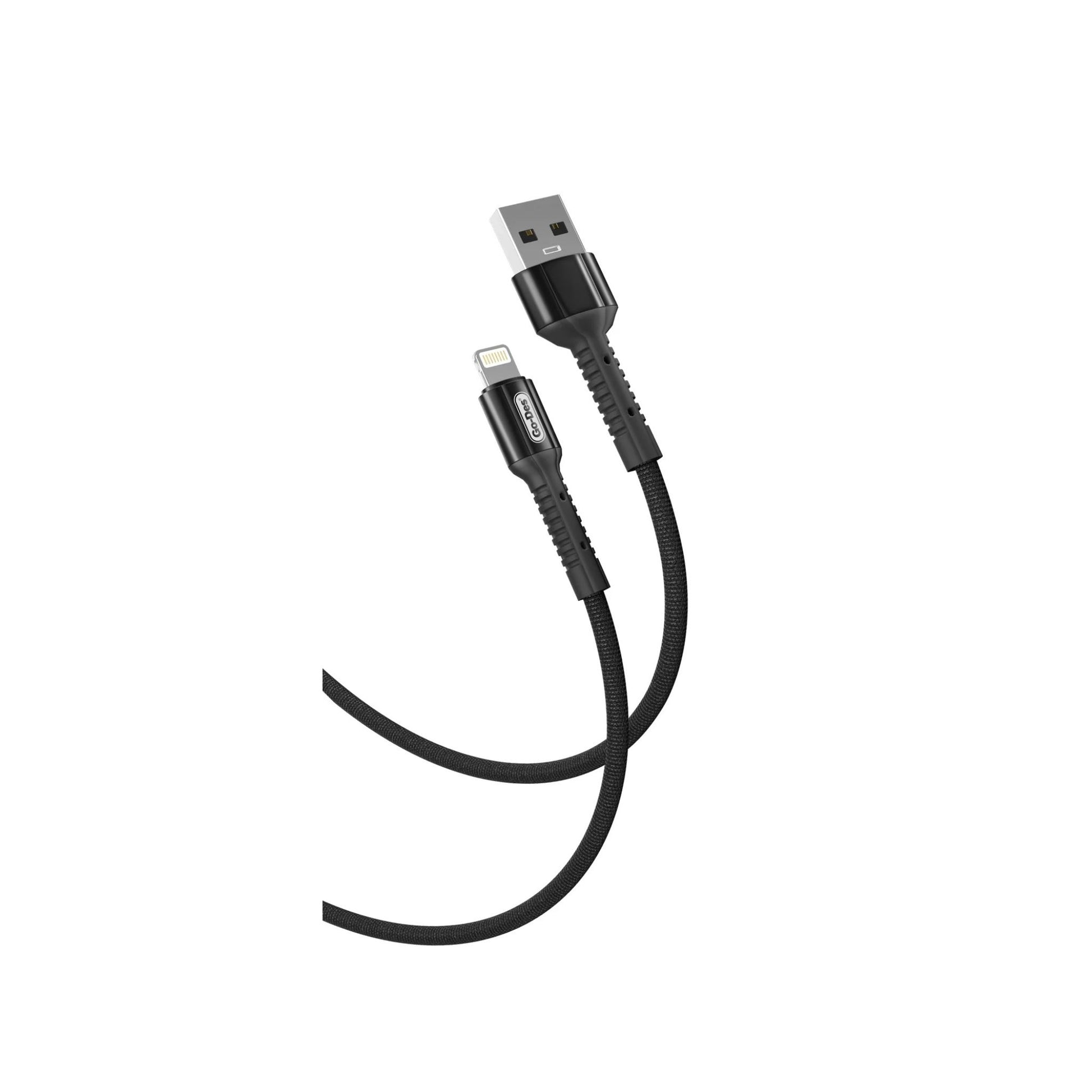 Black USB cable with two connectors on a white background