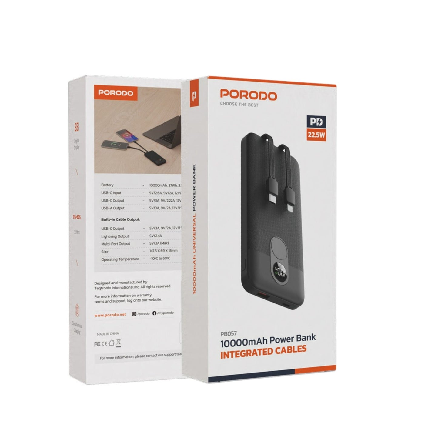 Porodo 10000mAh Powerbank 2xType-C, USB A and Type C and Digital Display with C & Lightning Cable- Black