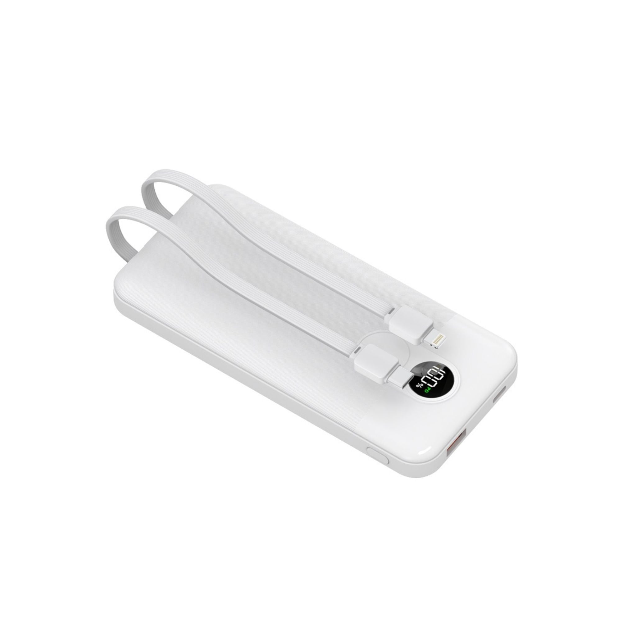 A white Porodo power bank with a digital display, featuring multiple Type-C and USB A ports along with a Lightning cable output.
