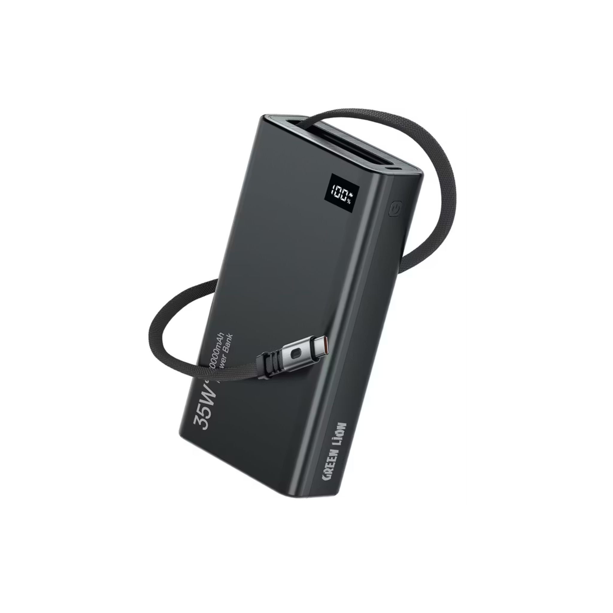 Black power bank with digital display on a white background