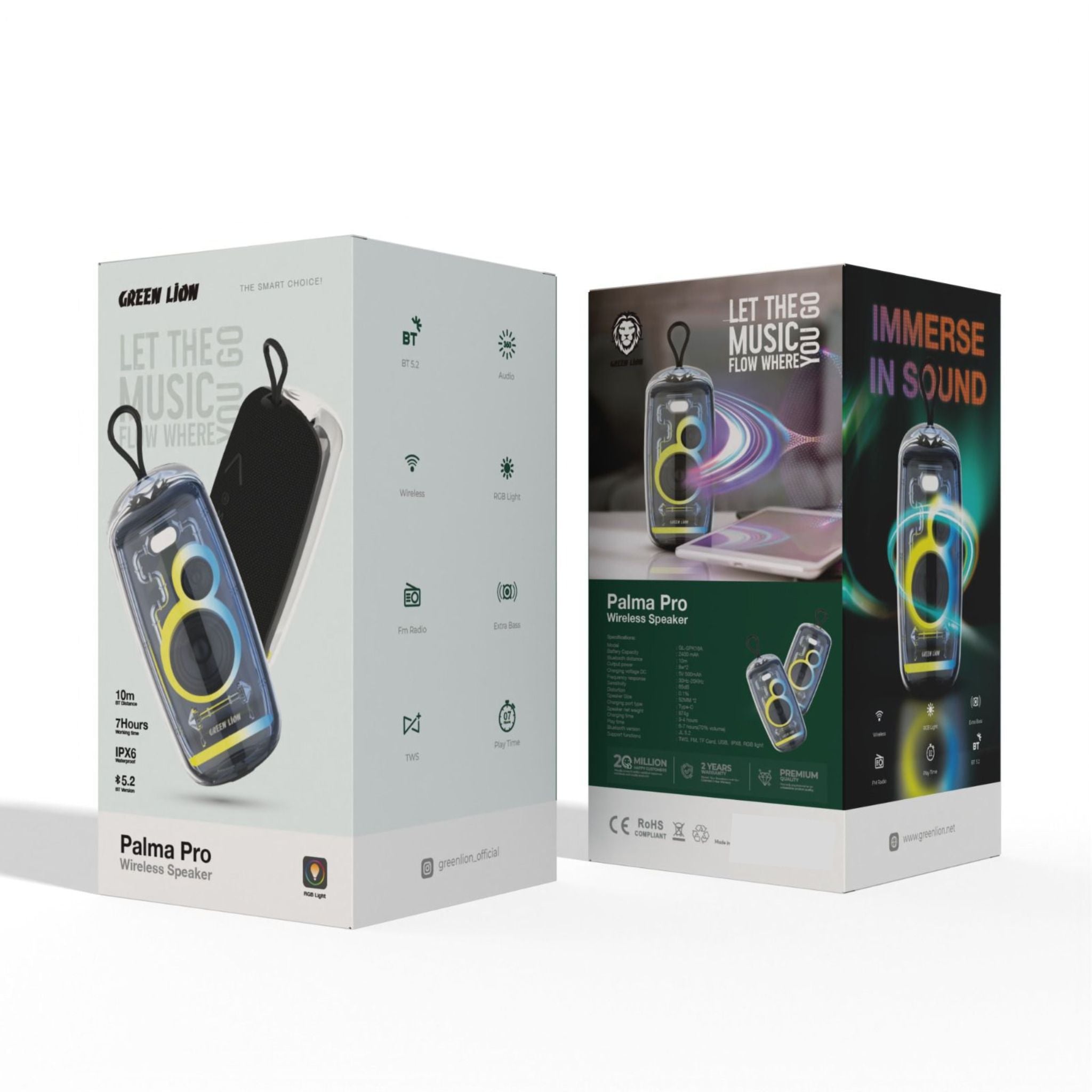 Green Lion Palma Pro Wireless Speaker, 7h Playtime, Bluetooth 5.2, 10m Bluetooth Range, 2400mAh Battery Capacity, FM Radio, Type-C Charging, RGB Light - Black