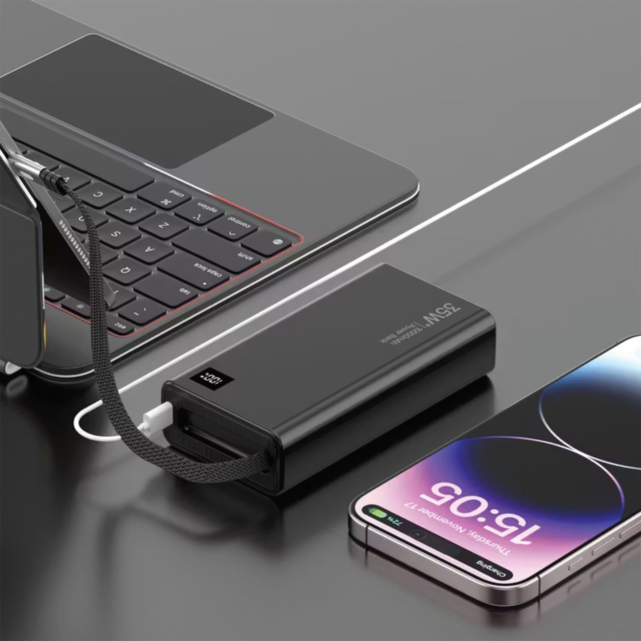 Green Lion Retractable 20000mAh Power Bank with 35W Power Delivery, LED Display, 75cm Cable Length, Type-C Port, Fast Charge Support