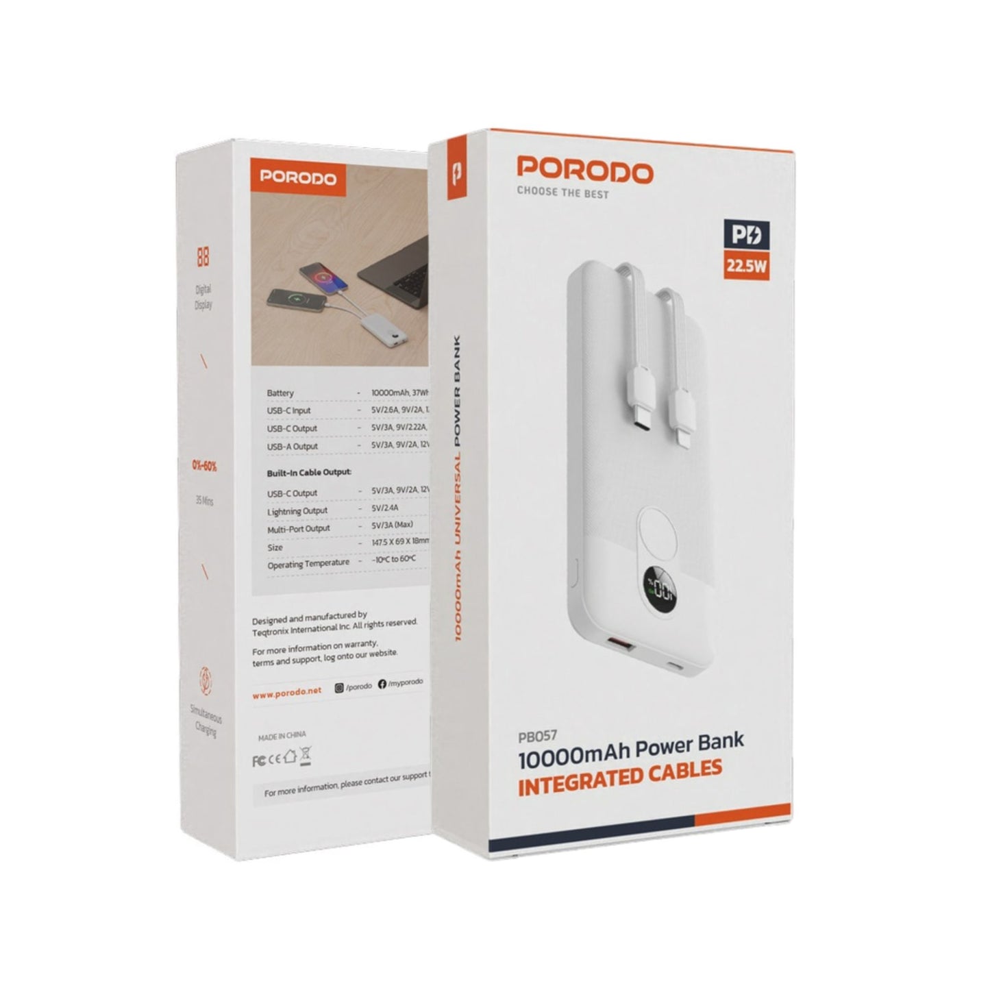 Porodo 10000mAh Powerbank 2xType-C, USB A and Type C and Digital Display with C & Lightning Cable- White
