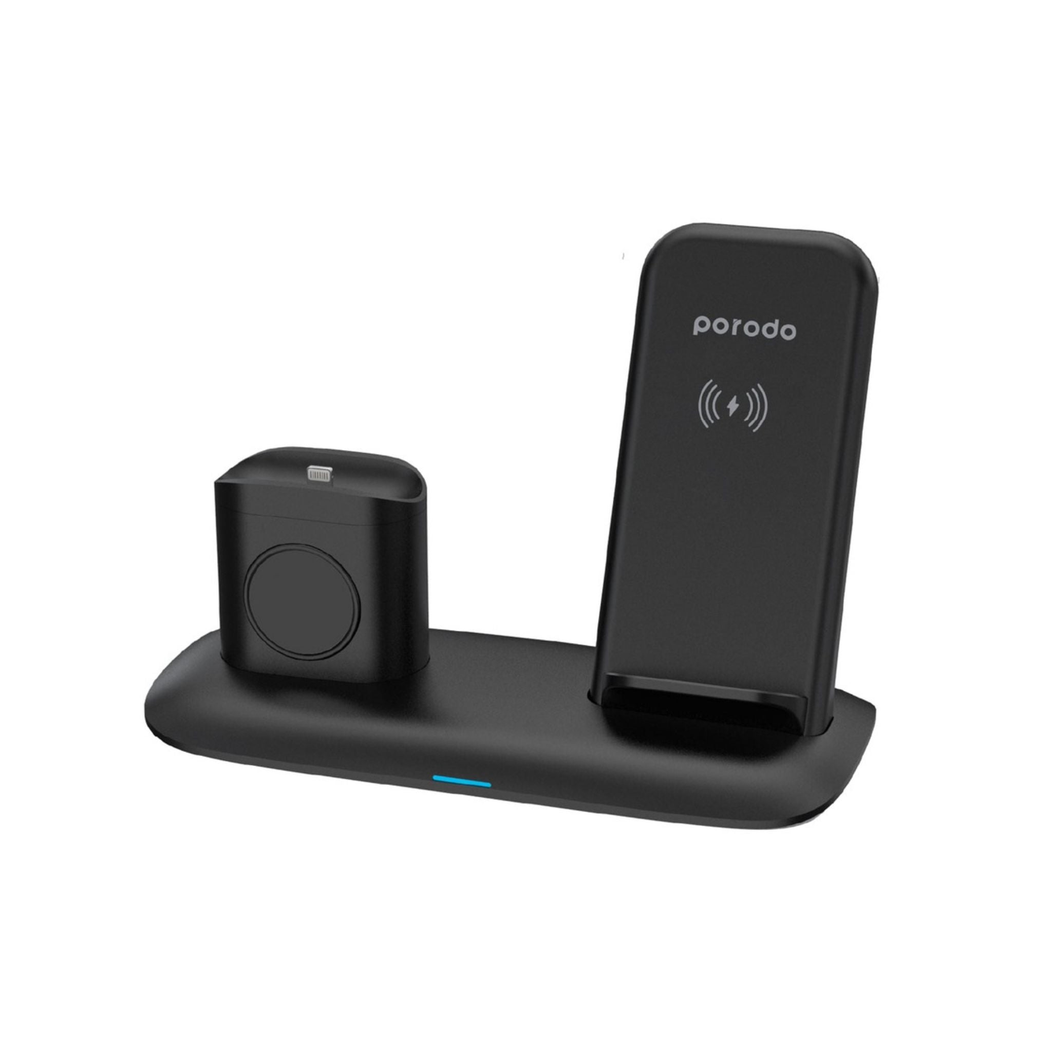 A black Porodo 4-in-1 charging station with spaces for an Apple Watch, iPhone, and AirPods, showing the station's screen-facing ports and magnetic charging interface.