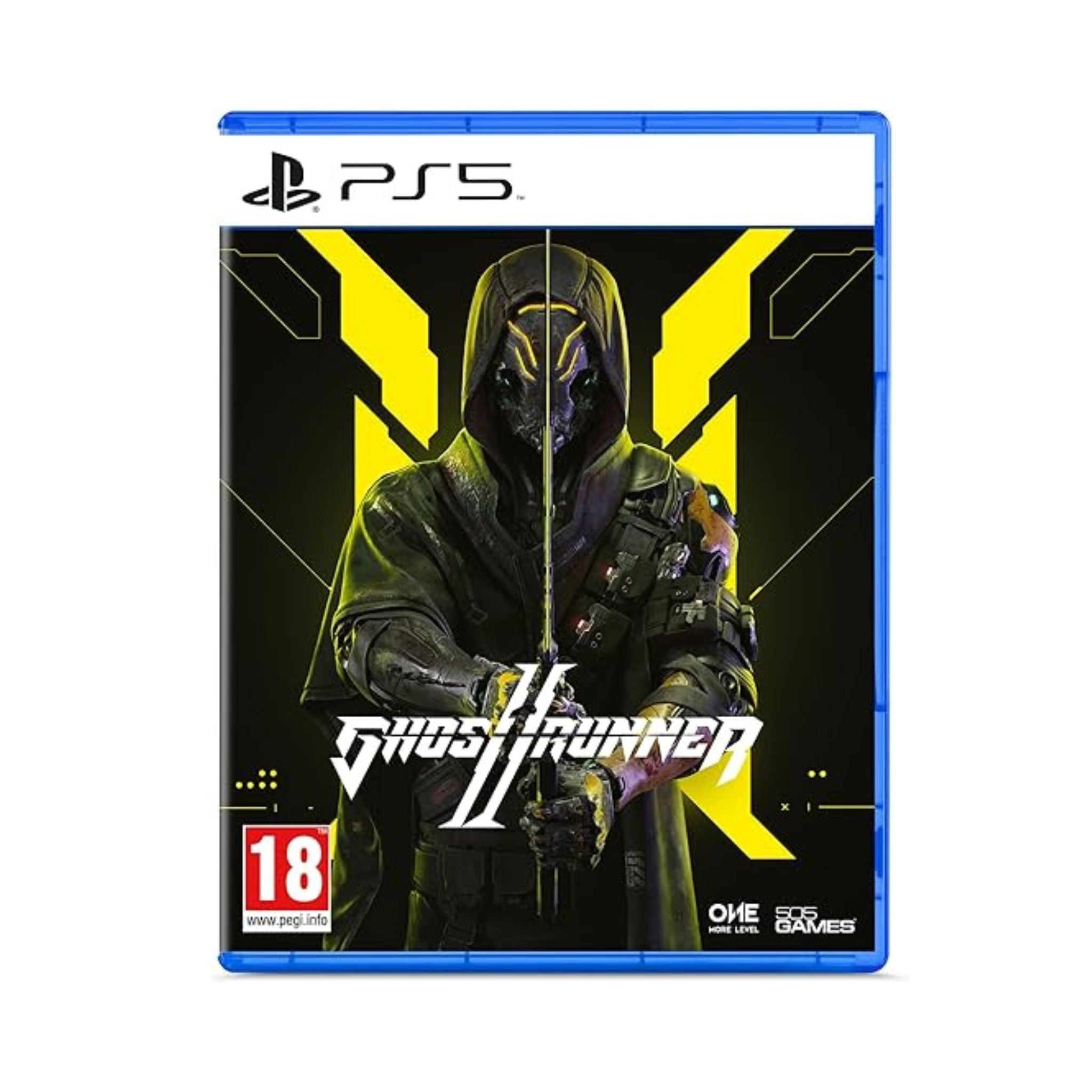 PlayStation 5 game disc for 'Ghost Recon' with a character in a hooded outfit on a black and yellow background.