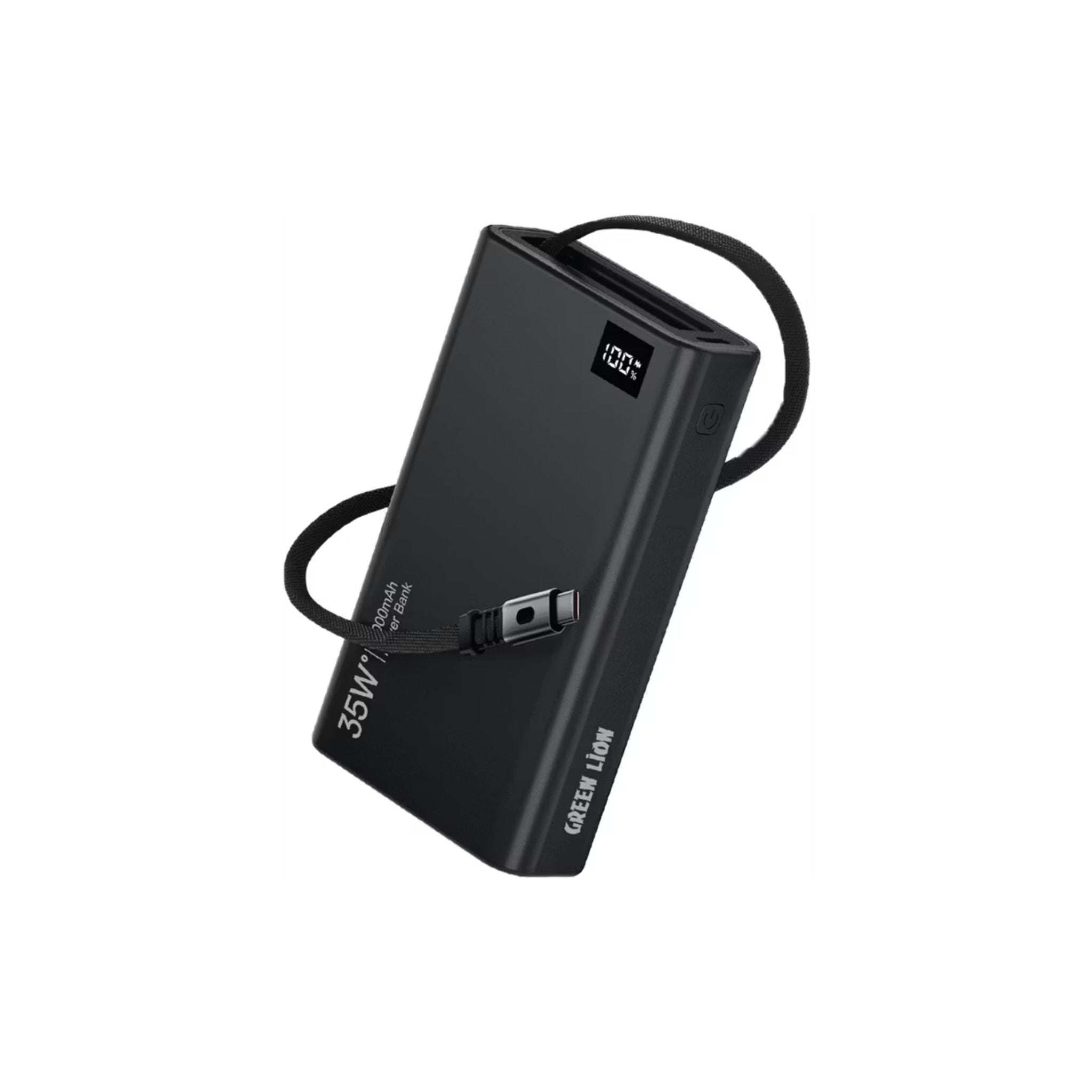 Black portable charger with USB-C port on a white background