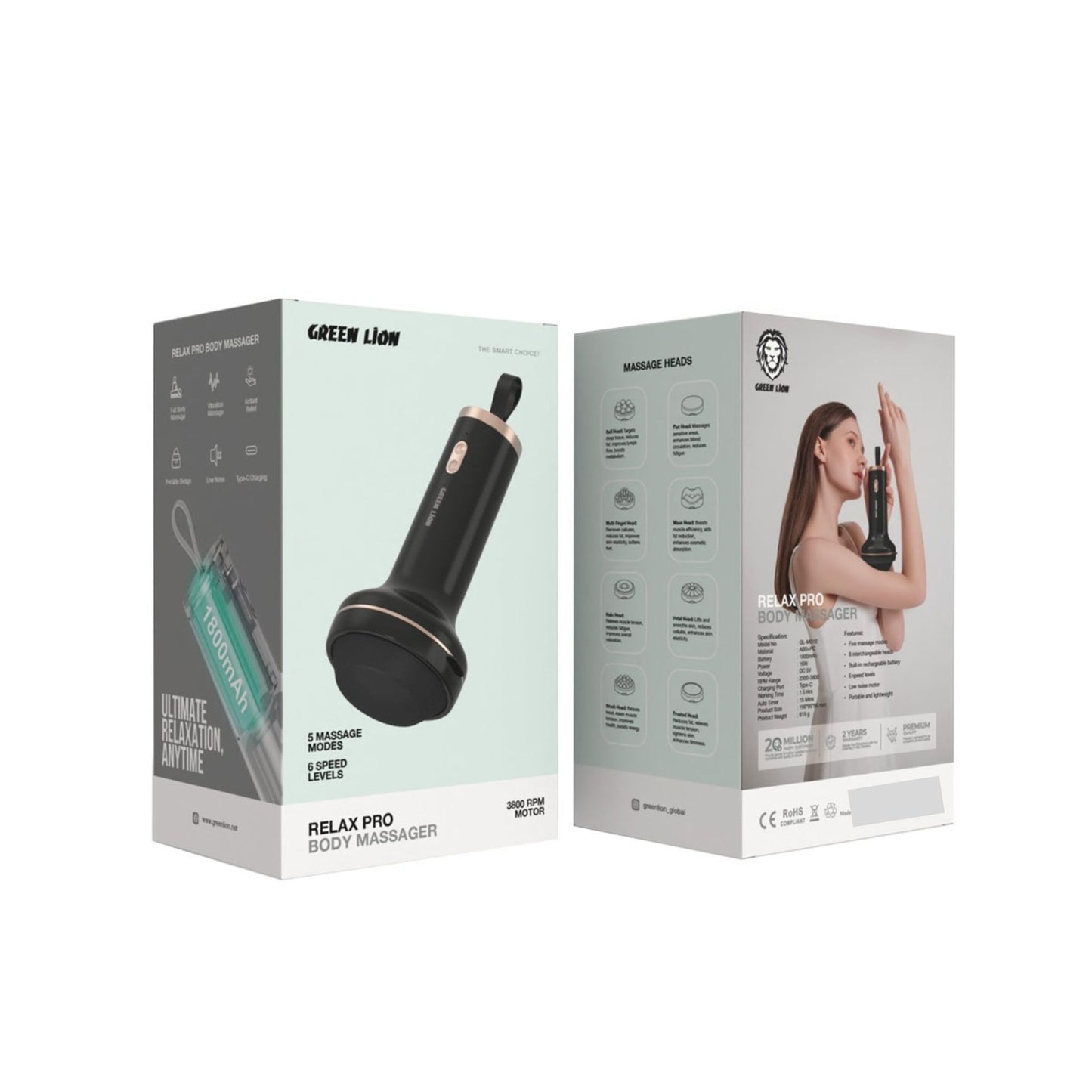 Green Lion Relax Pro Body Massager, 1800mAh Battery,16W Power, 8 Interchangeable Heads, Five Massage Modes, 1.5H Working Time, Low Noise Motor, 6 Speed Levels, Portable & Lightweight- Black