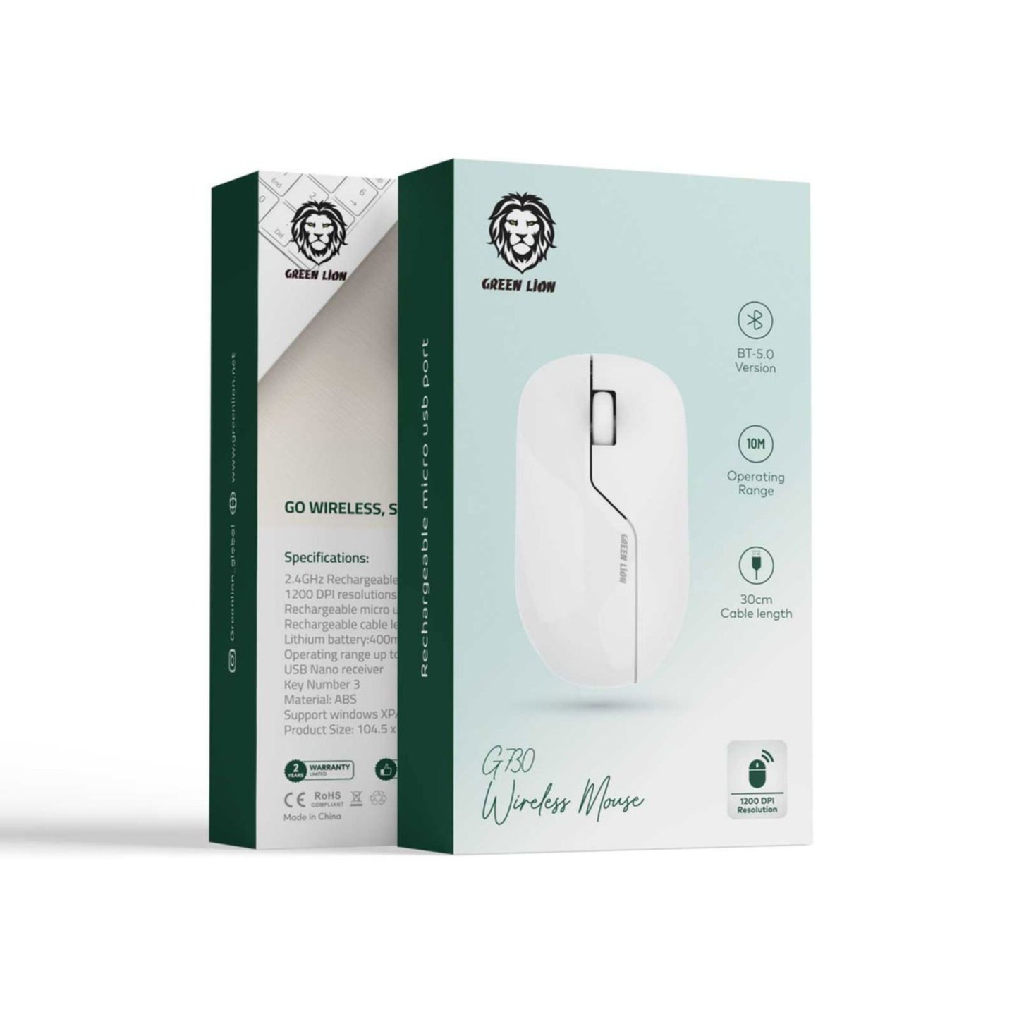 Green Lion G730 Wireless Mouse, ABS Material, 400mAh Battery Capacity, 3 Key Number, 1200 DPI Resolution, Compatible with Windows XP, Vista, 7, 8, 10, Mac, 30 cm Rechargeable Cable Length - White