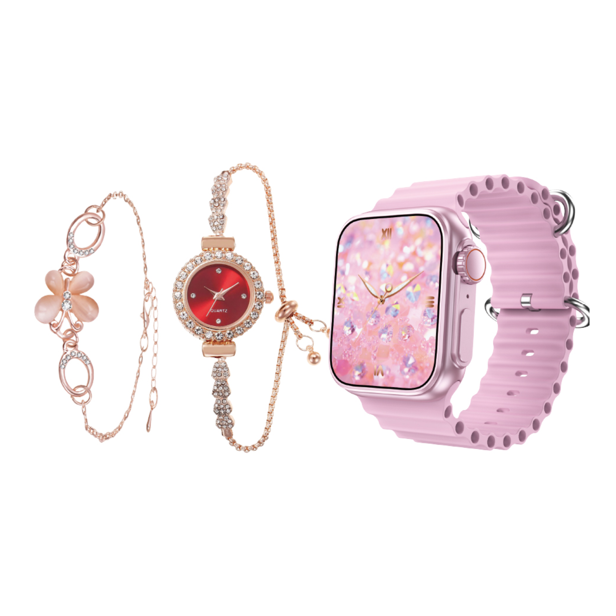 A set of pink-colored smart watch and bracelet with floral design and a glittery finish.
