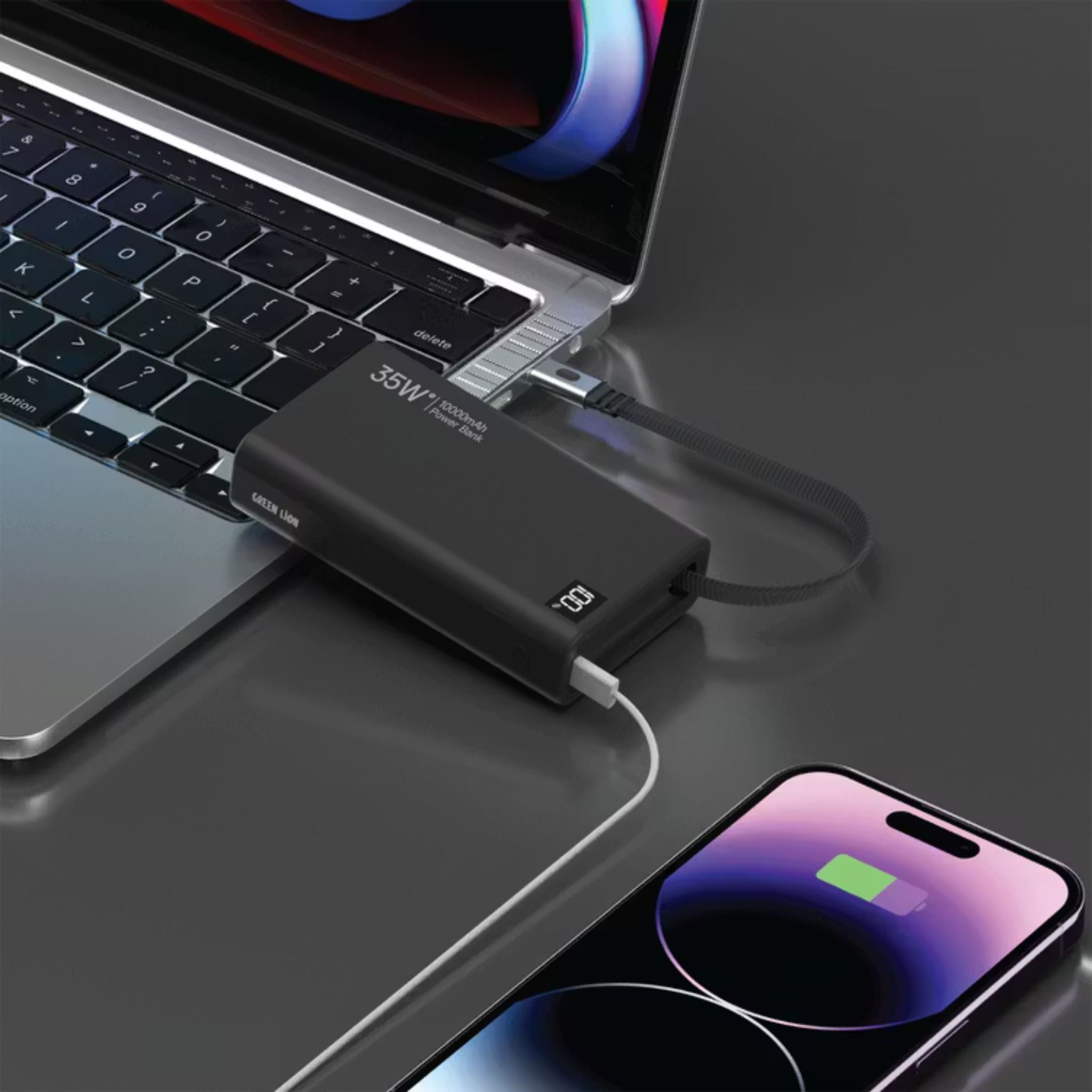 Green Lion Retractable 10000mAh Power Bank with 35W Power Delivery, LED Display, 75cm Cable Length, Type-C Port, Fast Charge Support
