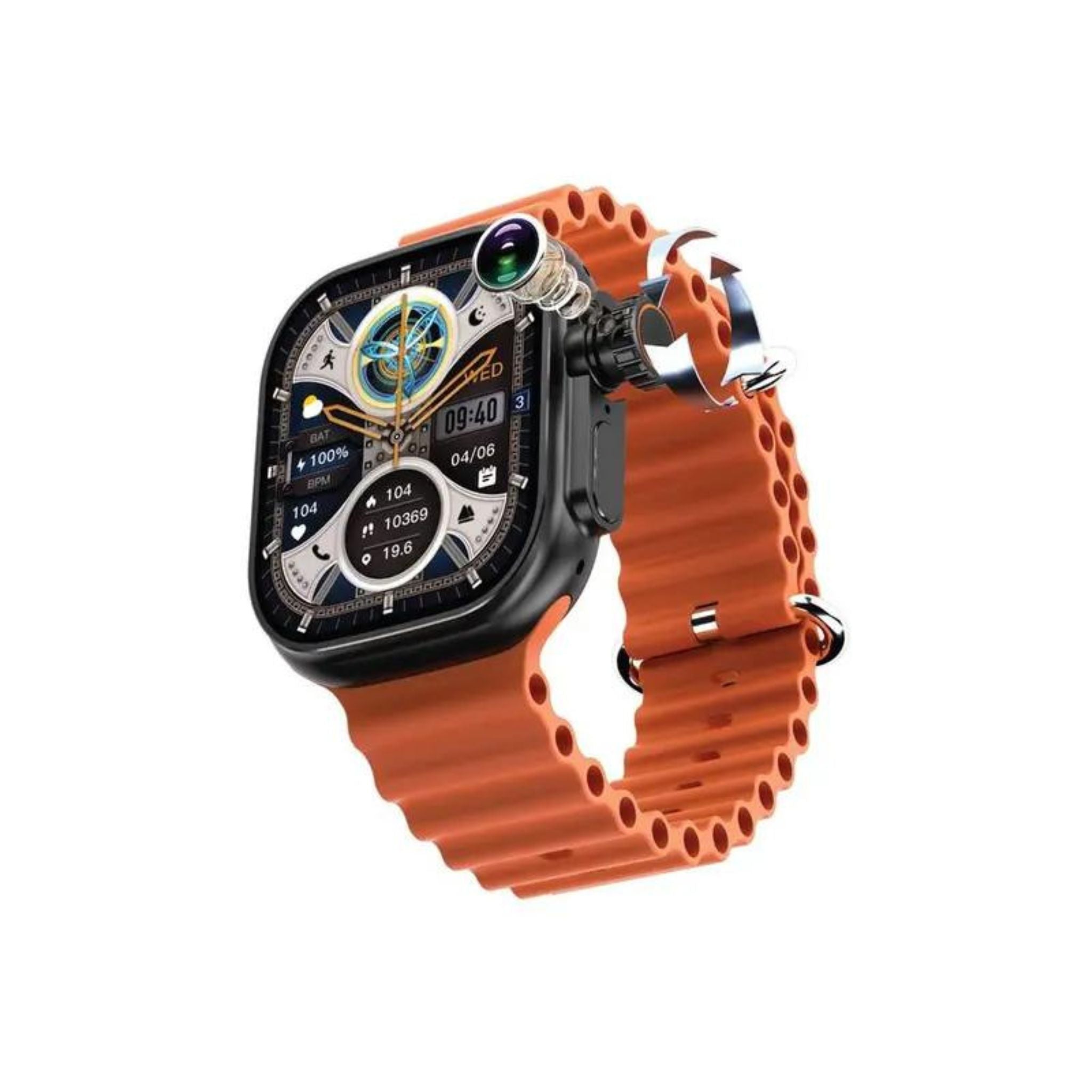 Green Lion 4G Ultra Smart Watch Android with Orange Strap 360° Rotatable Camera, Face Recognition, Android 8.1 OS, GPS Support, Magnetic Charging - Black