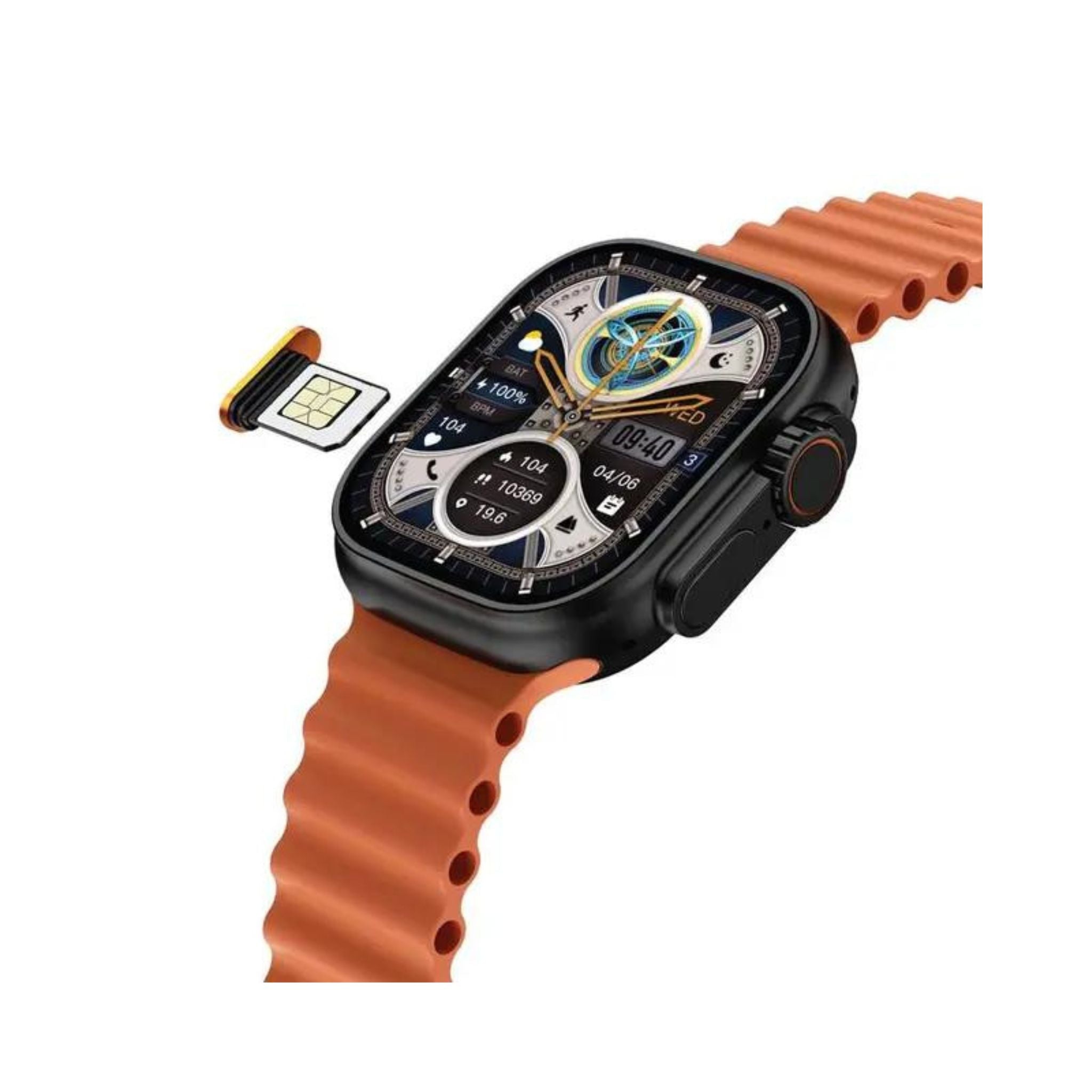 Green Lion 4G Ultra Smart Watch Android with Orange Strap 360° Rotatable Camera, Face Recognition, Android 8.1 OS, GPS Support, Magnetic Charging - Black