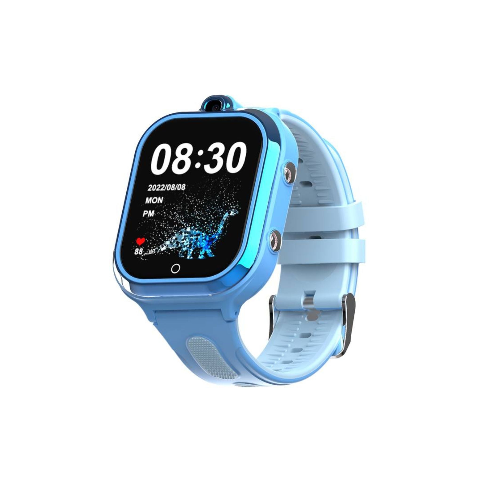 A blue Green Lion Kids smart watch with a display showing time and date, with a camera and strap visible.