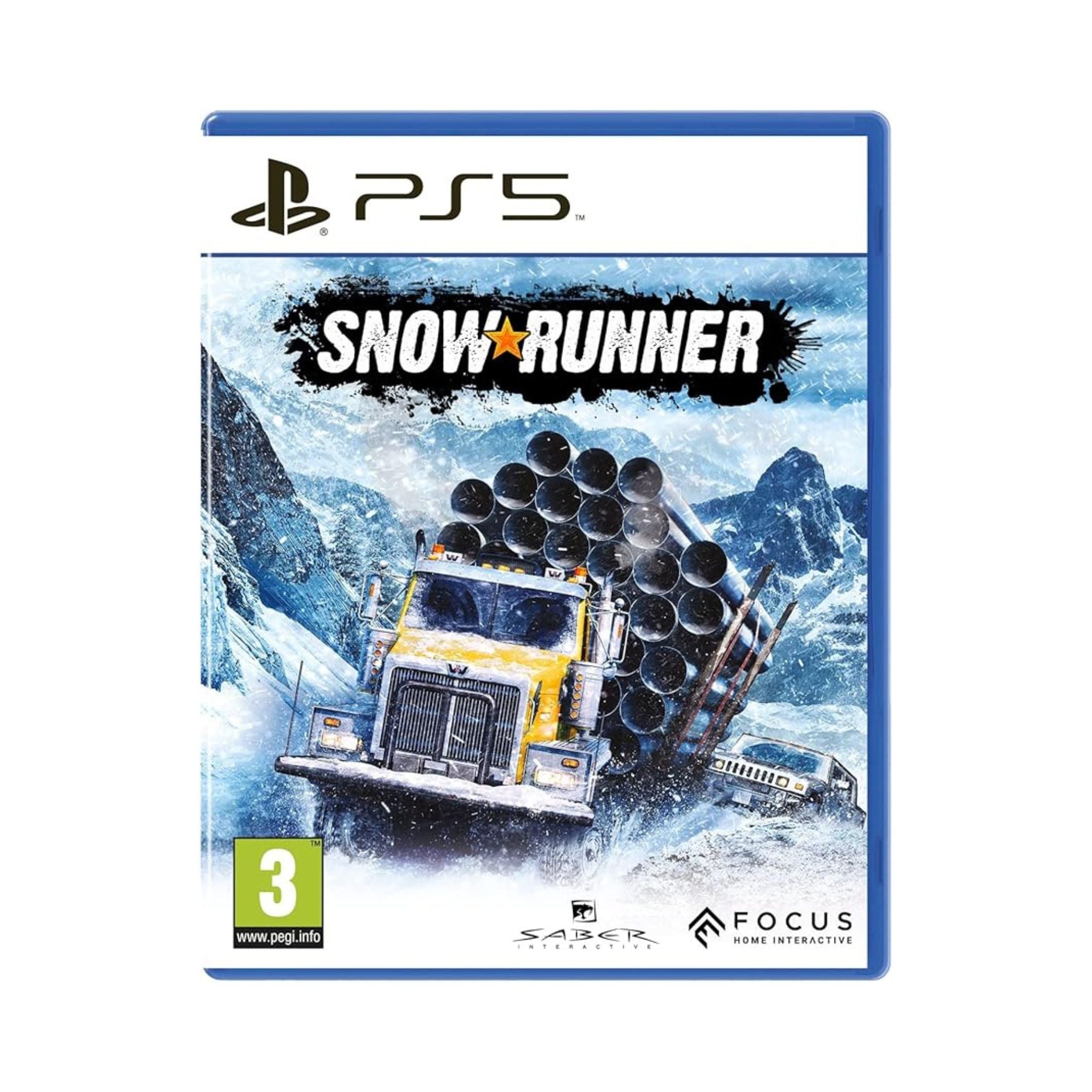SnowRunner game cover for PS5 with a truck and mountainous landscape on a white background