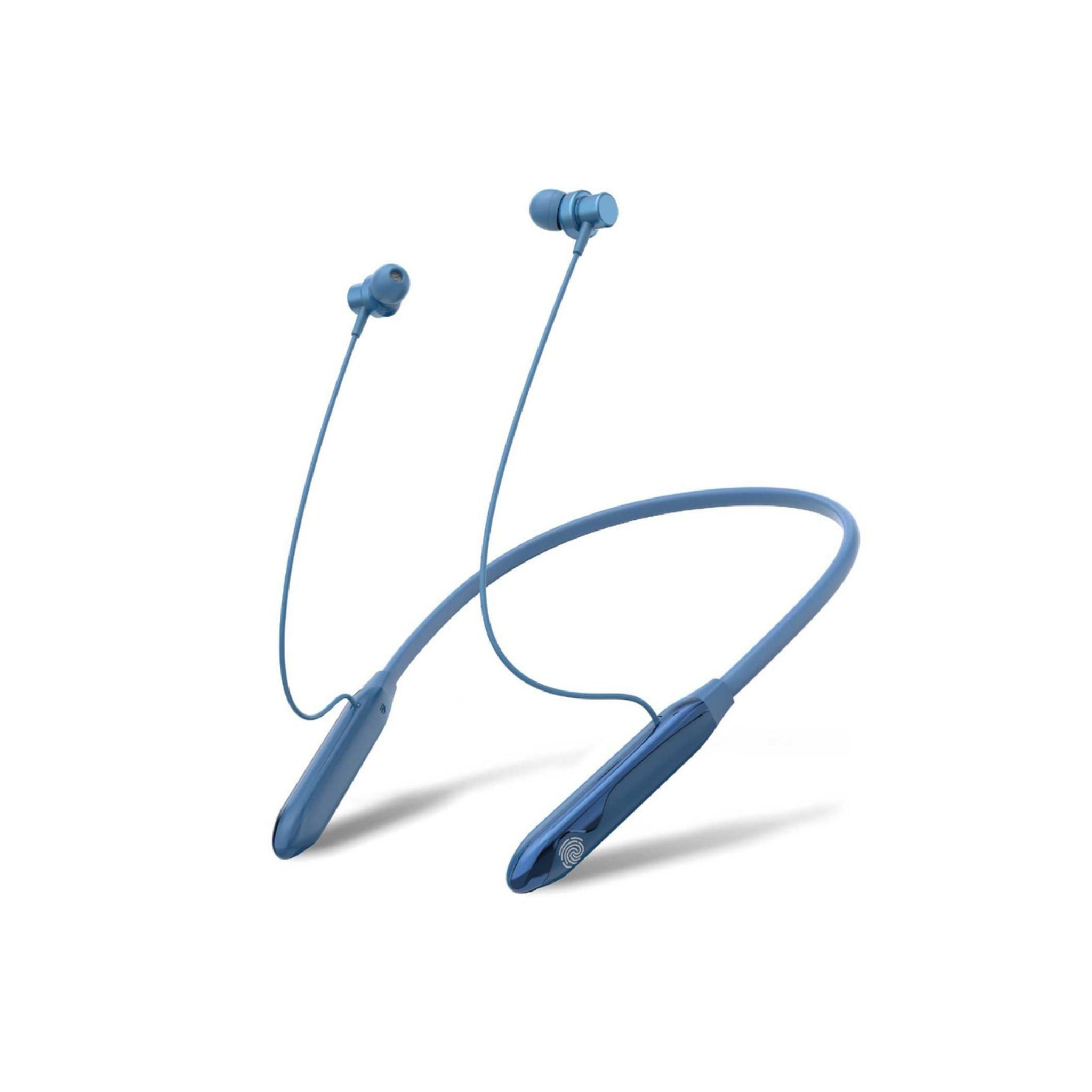 A pair of blue wireless neckband earphones with control buttons and a microphone.