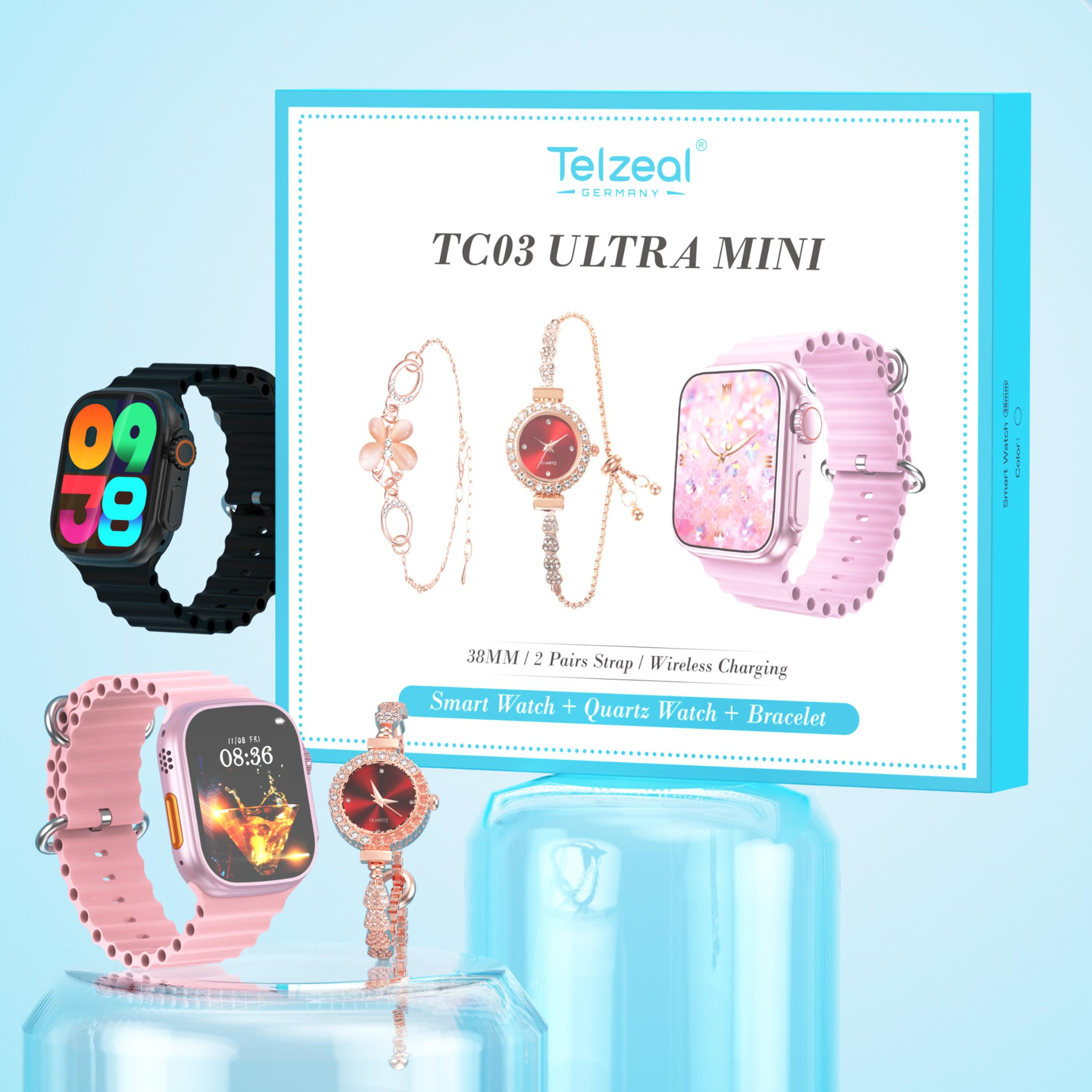 Telzeal TC03 Ultra Mini 38 mm HD Display Smart Watch With 2 Pair Straps and Analog Watch and Bracelet Combo For Ladies - Pink