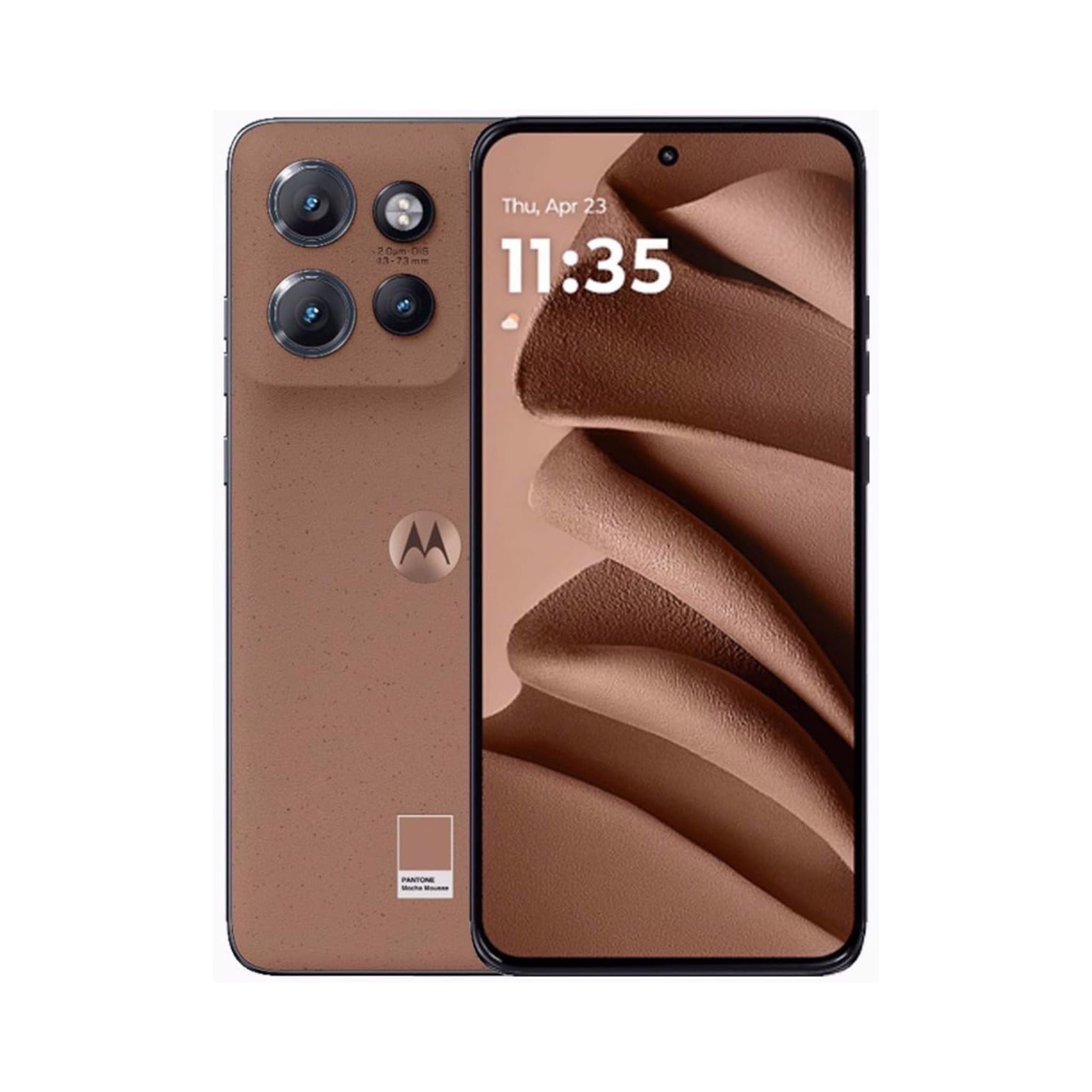 Motorola smartphone showing back and front views on a white background
