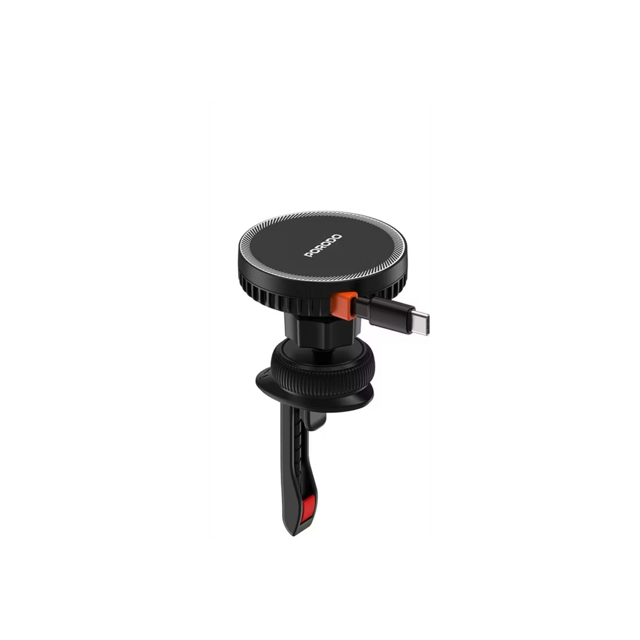 Porodo MagSafe Charger with Retractable Type-C Cable, 15W, 12-24V, 5V/2A, 9V/2A 18 W USB-C Input, 5 W, 7.5W, 10W, 15W Wireless Output, Compatible with 4.7-6.9" Smartphones - Black